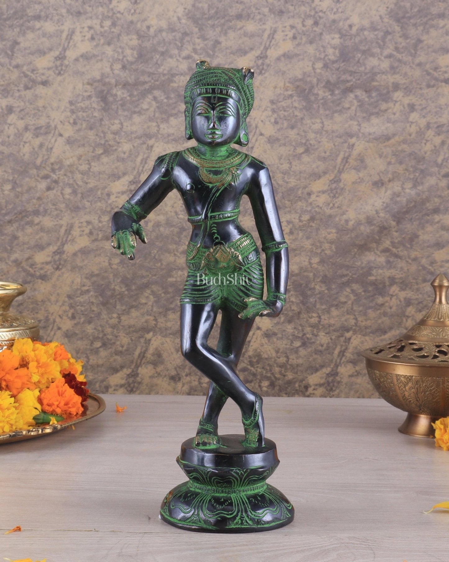 Pure Brass Vrishabhavahana murti Shiva Statue black Green Antique Patina - 11.5" Tall - Sama Homes Idol - Brass Sculpture