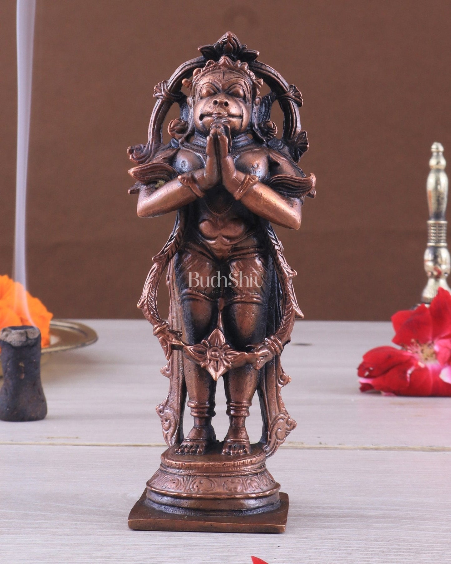 Pure Copper Anjaneya Standing Lord Hanuman in Anjali Namaskar Mudra 6" - Sama Homes Idol - Brass Sculpture