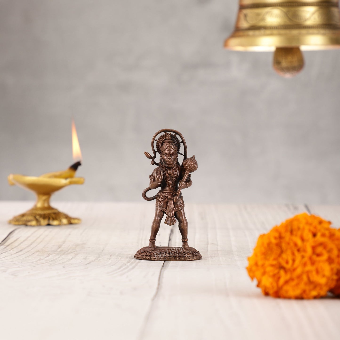 Pure Copper Blessing Hanuman Idol | Handcrafted Statue - 3" - Sama Homes Idol - Brass Sculpture