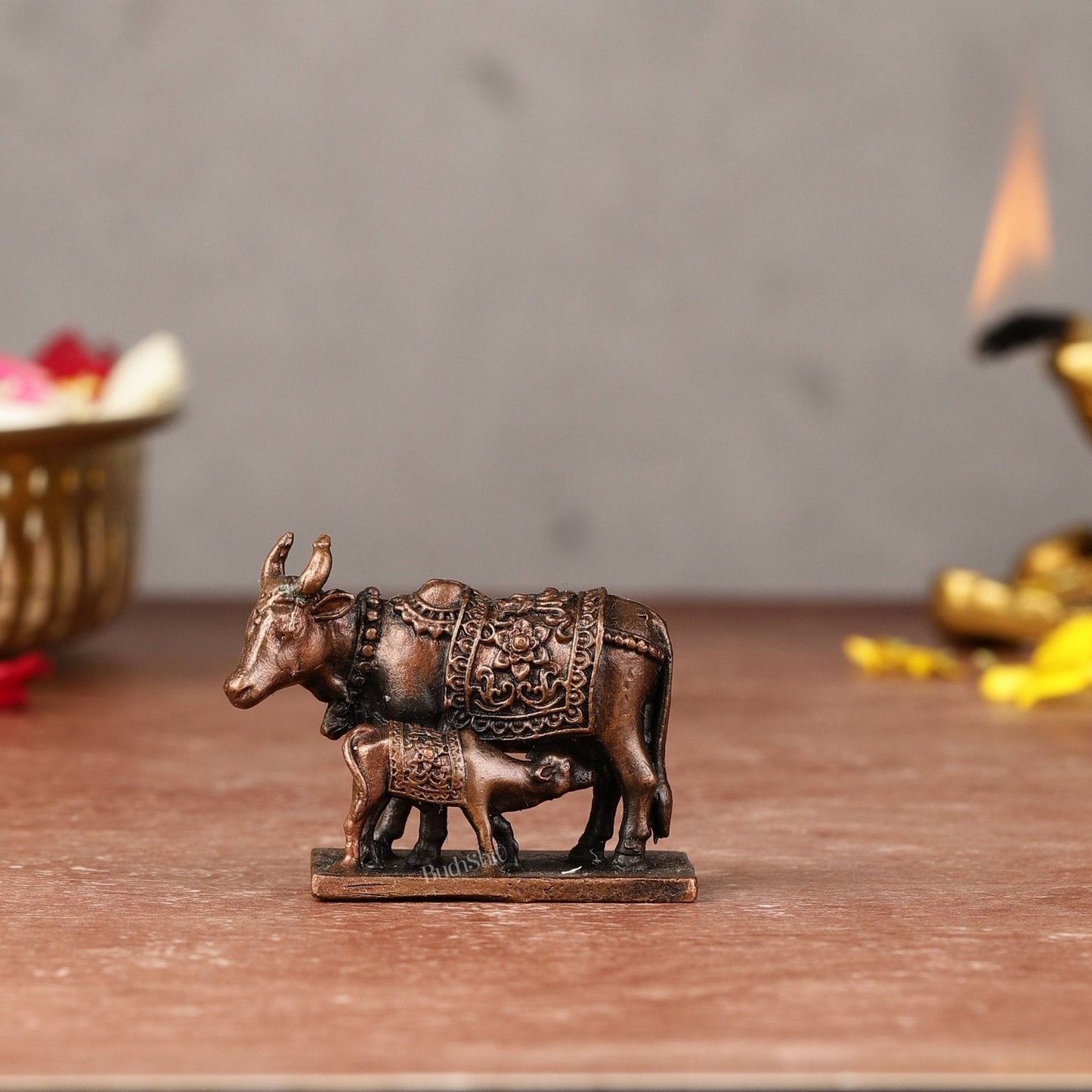 Pure Copper kamdhenu Gomatha Vigaraha - (Cow with Calf Idol), (1.5") - Sama Homes Idol - Brass Sculpture