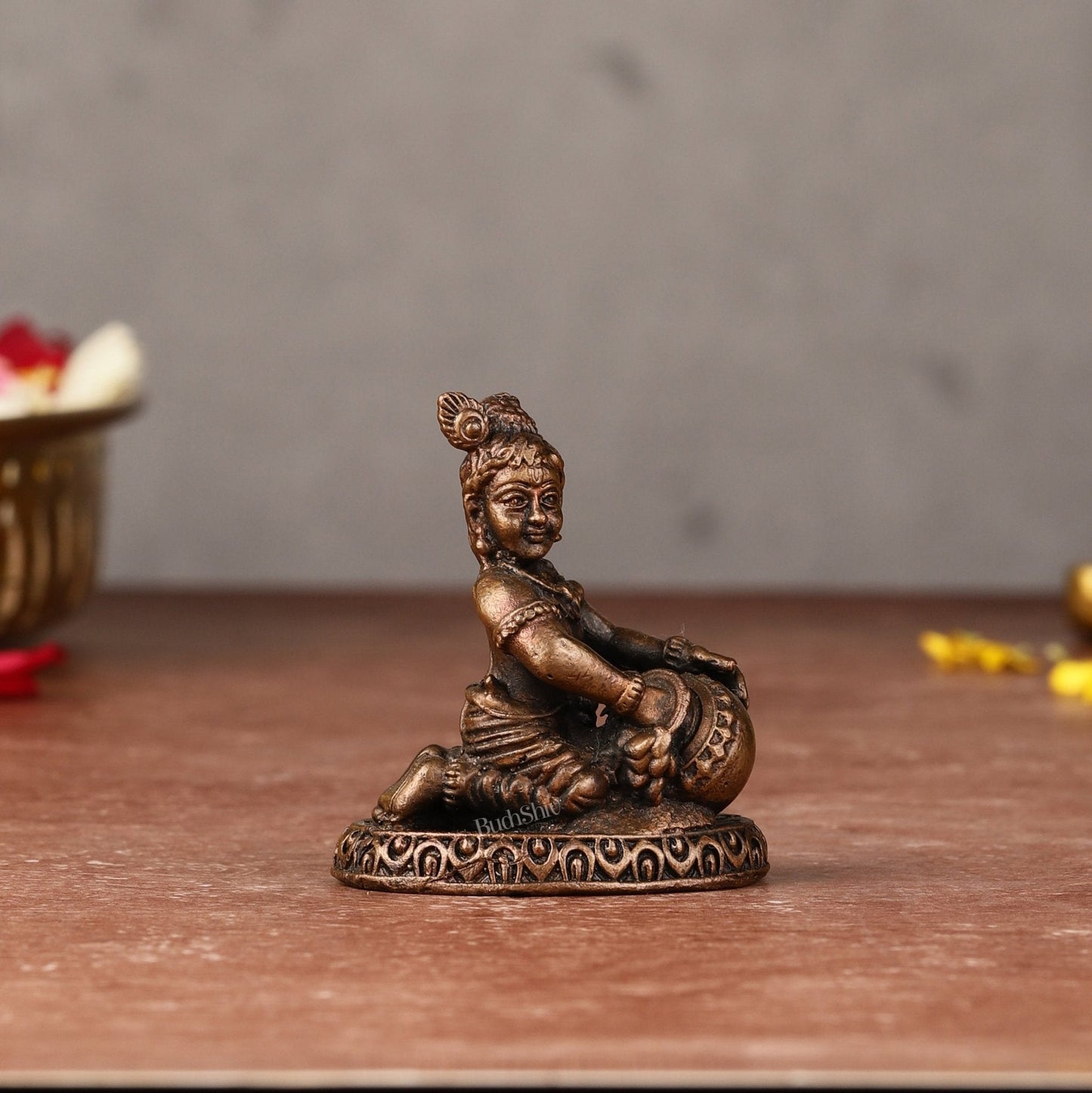 Pure Copper Miniature Makhan Chor Bal Gopal Idol | 2" - Sama Homes Idol - Brass Sculpture