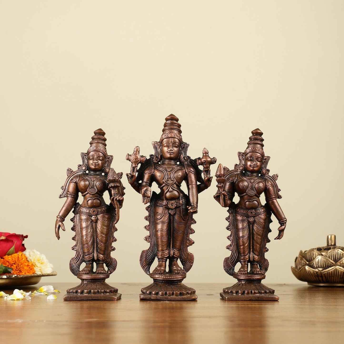 Pure Copper Tirupati Balaji with Bhudevi and Sridevi Idols 7" - Sama Homes Idol - Brass Sculpture