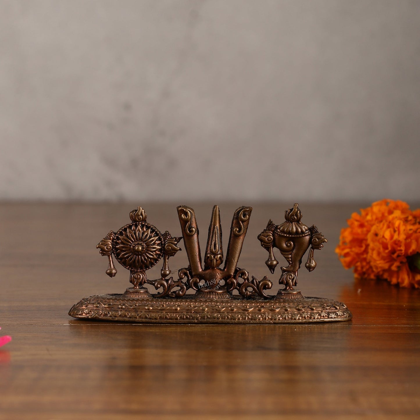 Pure Copper Vaishnav Symbols Shankh Chakra Namah Figure - 1.75 Inches - Sama Homes Idol - Brass Sculpture