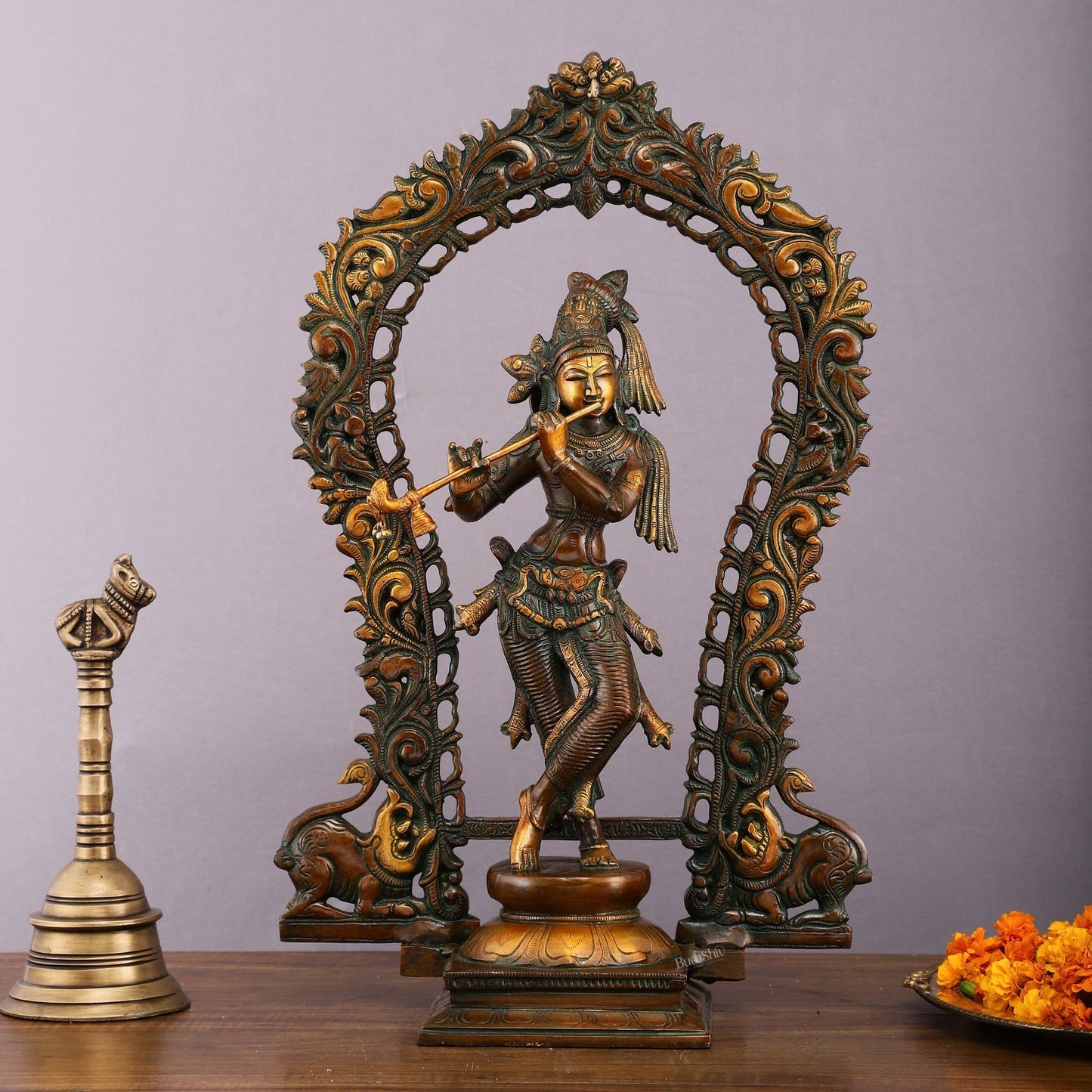 Rare Brass Lord Krishna with Prabhavali Majestic Sculpture 18" - Sama Homes Idol - Brass Sculpture