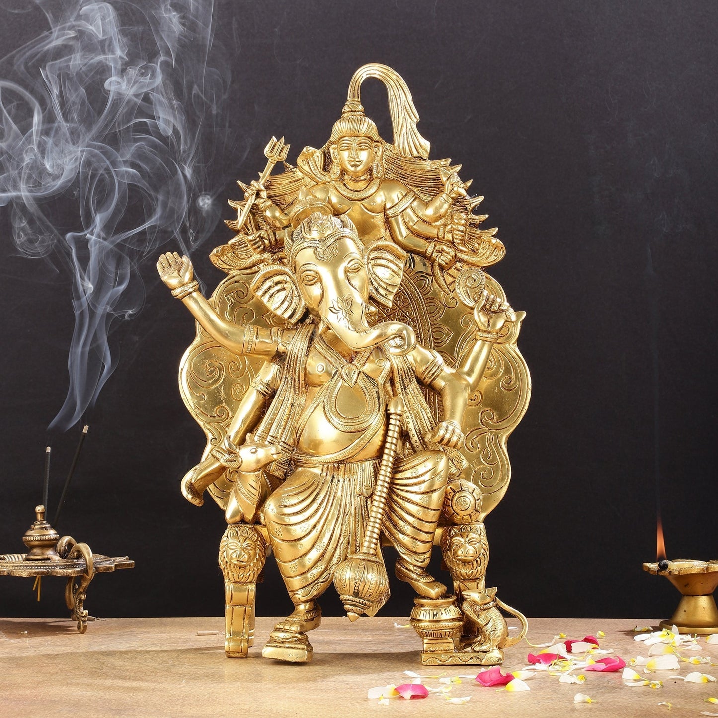 Regal Brass Superfine Lord Ganesha Statue on Singhasan Throne with Shiva - 16" - Sama Homes Idol - Brass Sculpture