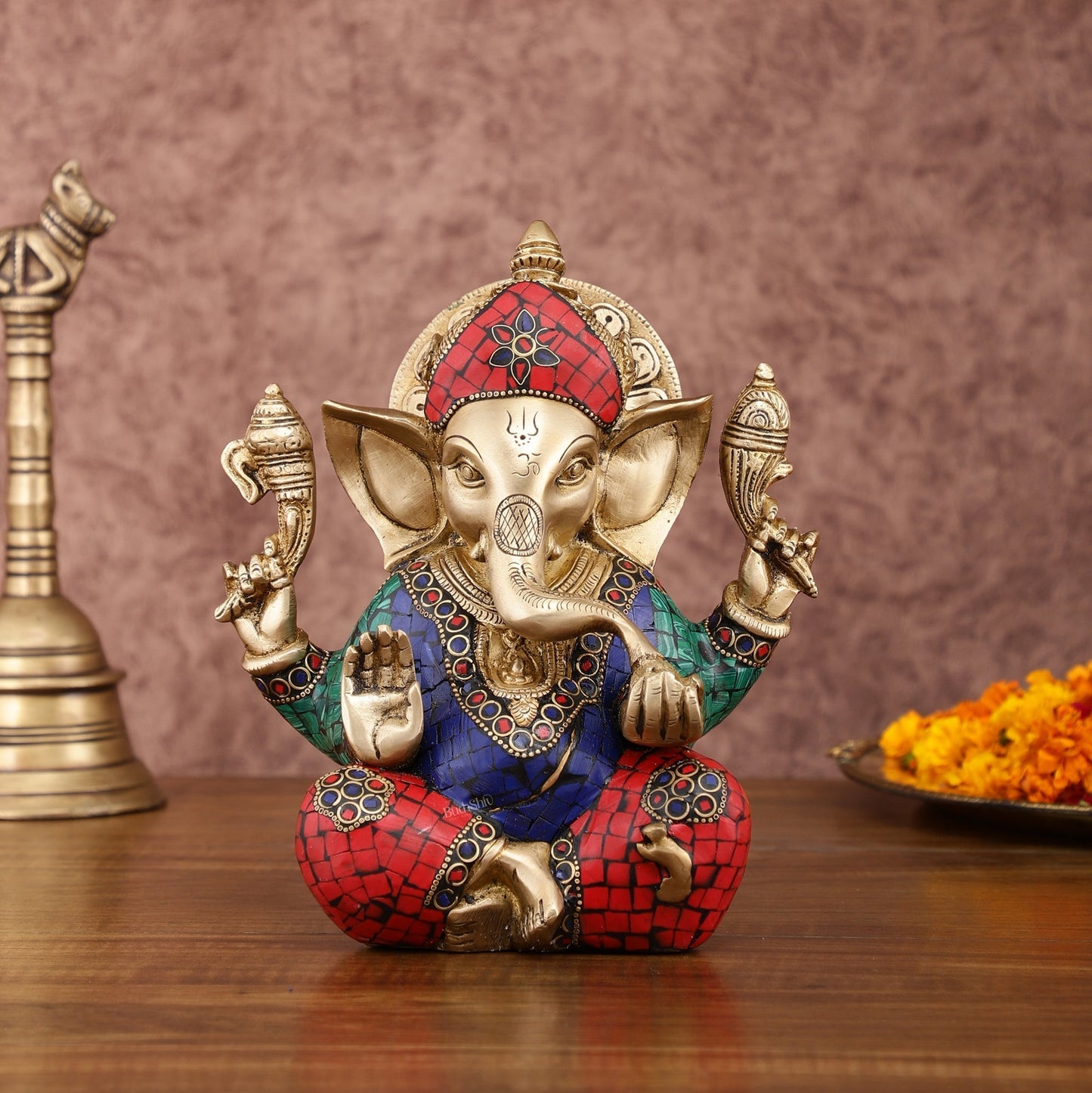 Sharp Featured Brass Ganesha Statue | 8 Inches | Exquisite Stonework - Sama Homes Idol - Brass Sculpture