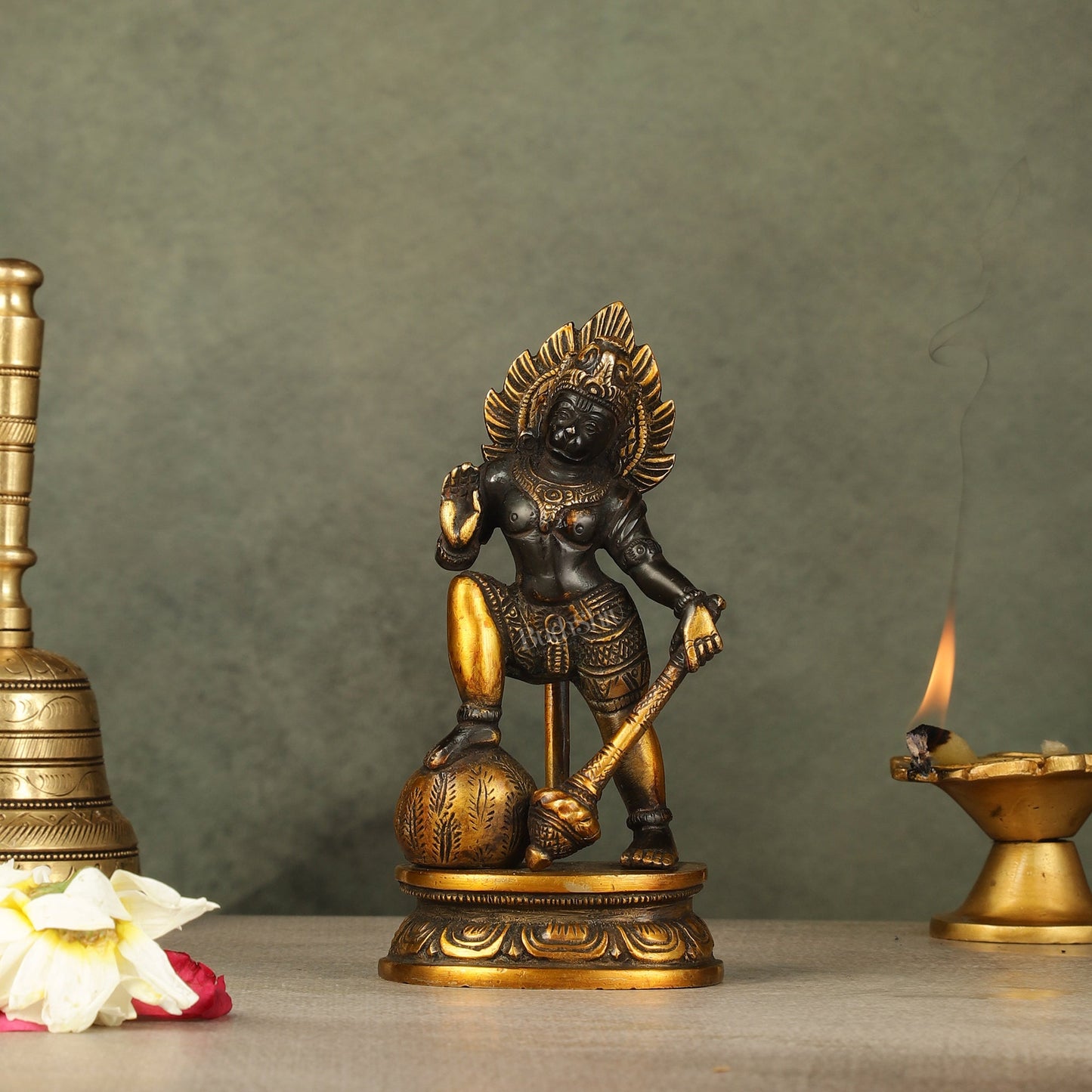 Small Pure Brass Black Standing Hanuman Idol | 6" - Sama Homes Idol - Brass Sculpture