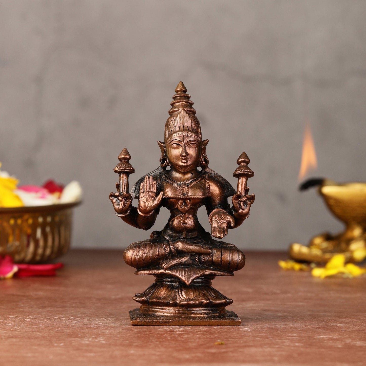 Small Pure Copper Devi Padmavati (Lakshmi) Idol - 3.5-inch - Sama Homes Idol - Brass Sculpture
