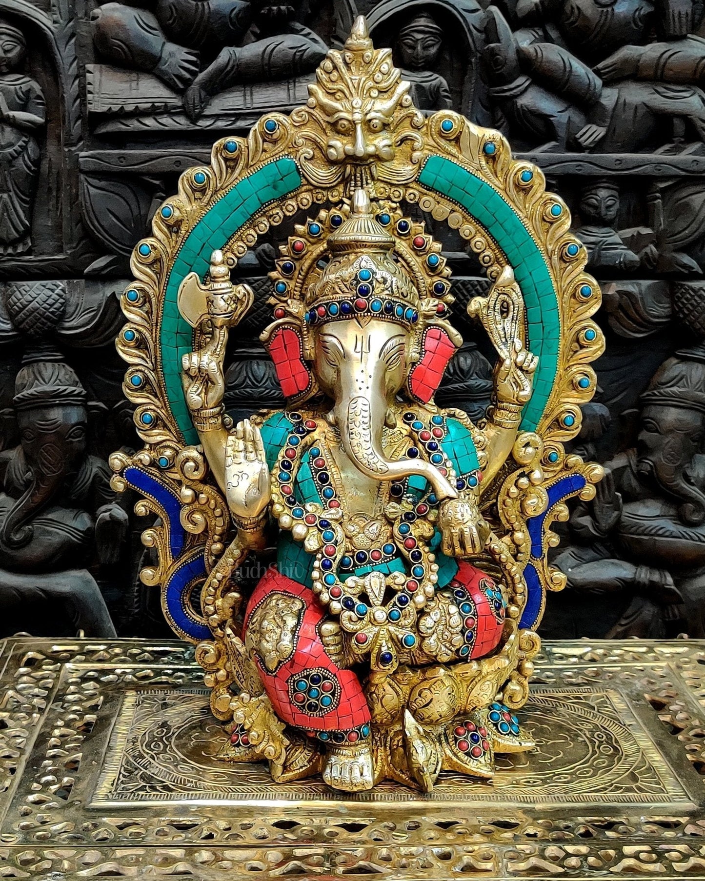 Stunning Brass Ganapati Statue on Lotus Throne with Prabhavali Arch - 15.5 - Sama Homes Idol - Brass Sculpture