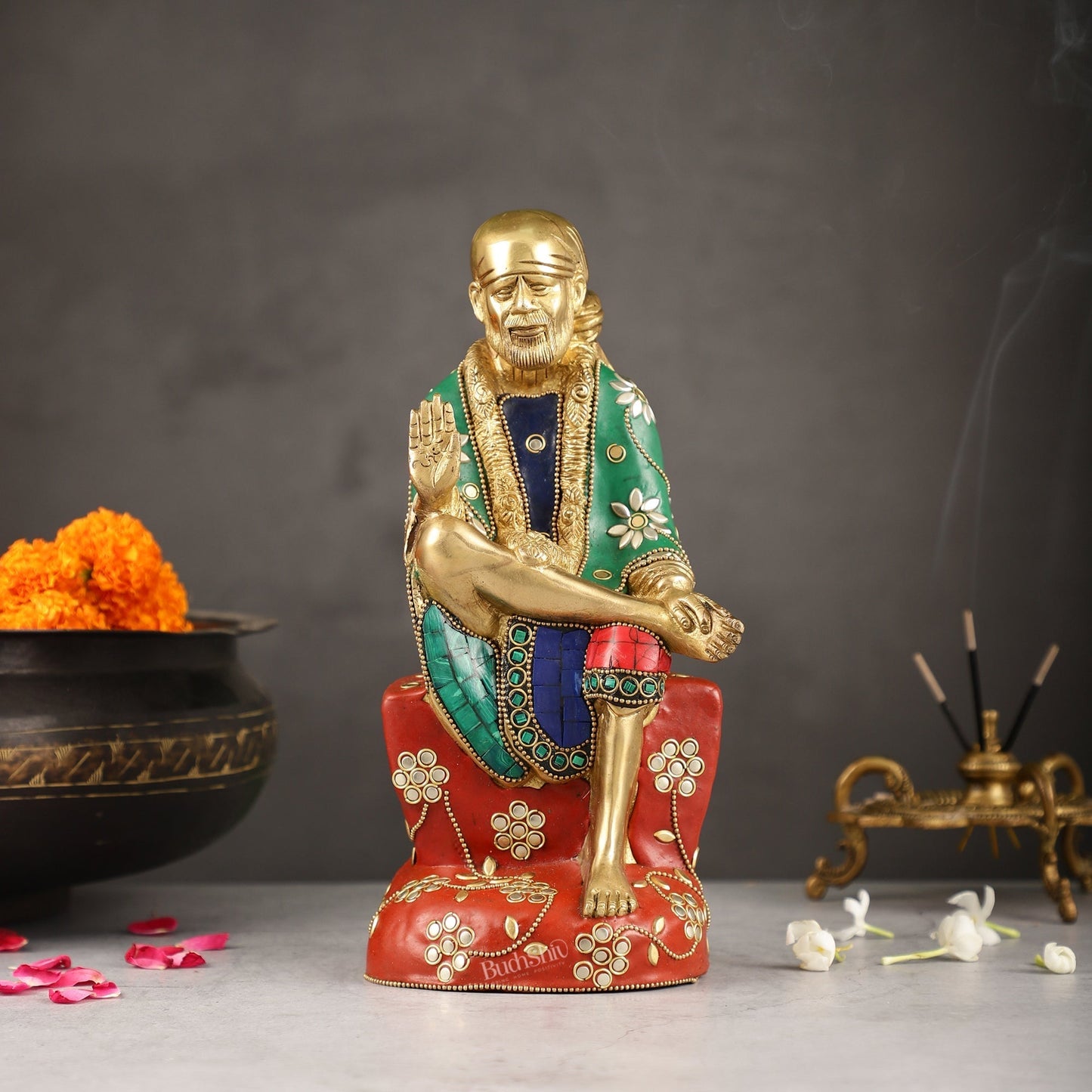 Superfine 10.5-Inch Brass Shirdi Sai Baba Idol with Stonework - Sama Homes Idol - Brass Sculpture