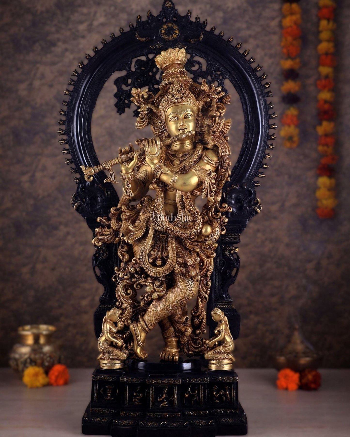 Superfine Brass dual tone Krishna Statue | Embossed Prabhaval 32" - Sama Homes Idol - Brass Sculpture