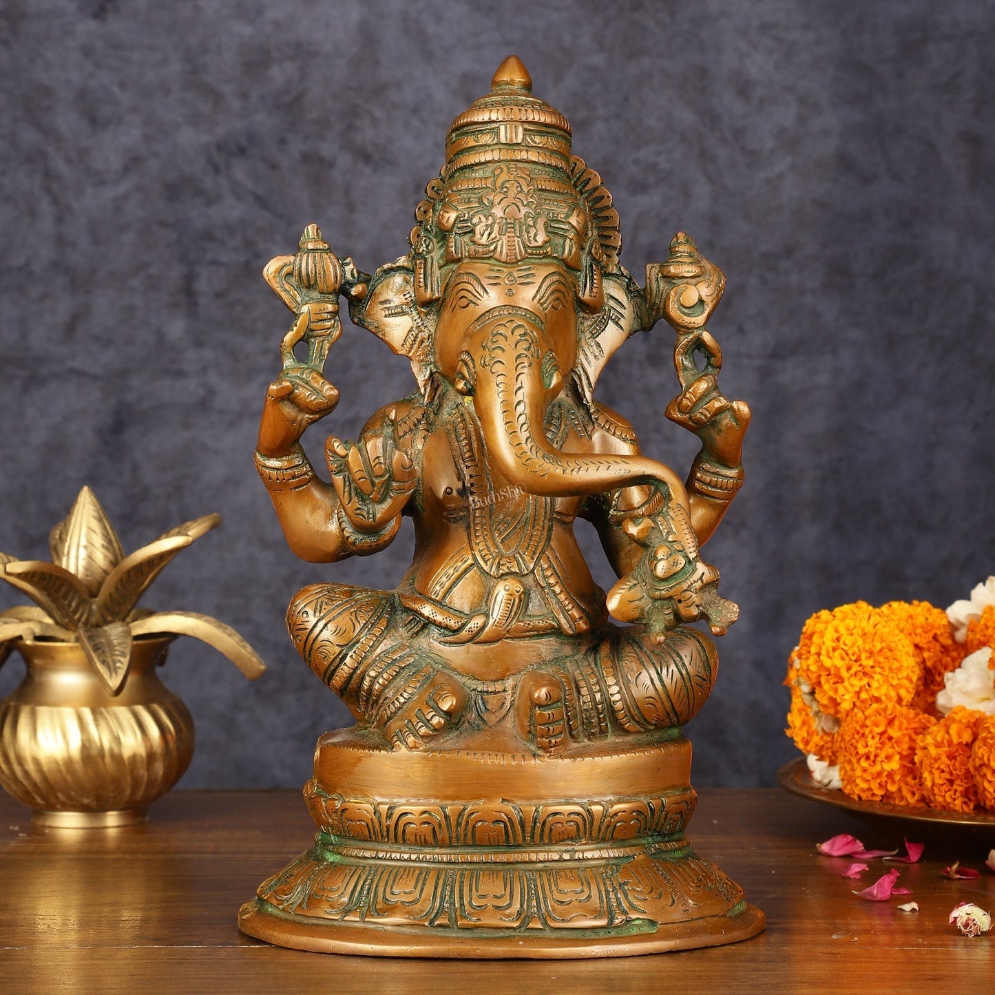 Superfine Brass Ganesha Idol Statue Murti - 12" Antique Bronze Finish - Sama Homes Idol - Brass Sculpture