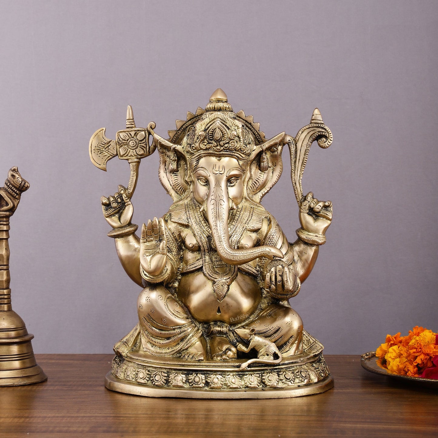 Superfine Brass Ganesha Statue - 12" Divine Blessings - Sama Homes Idol - Brass Sculpture