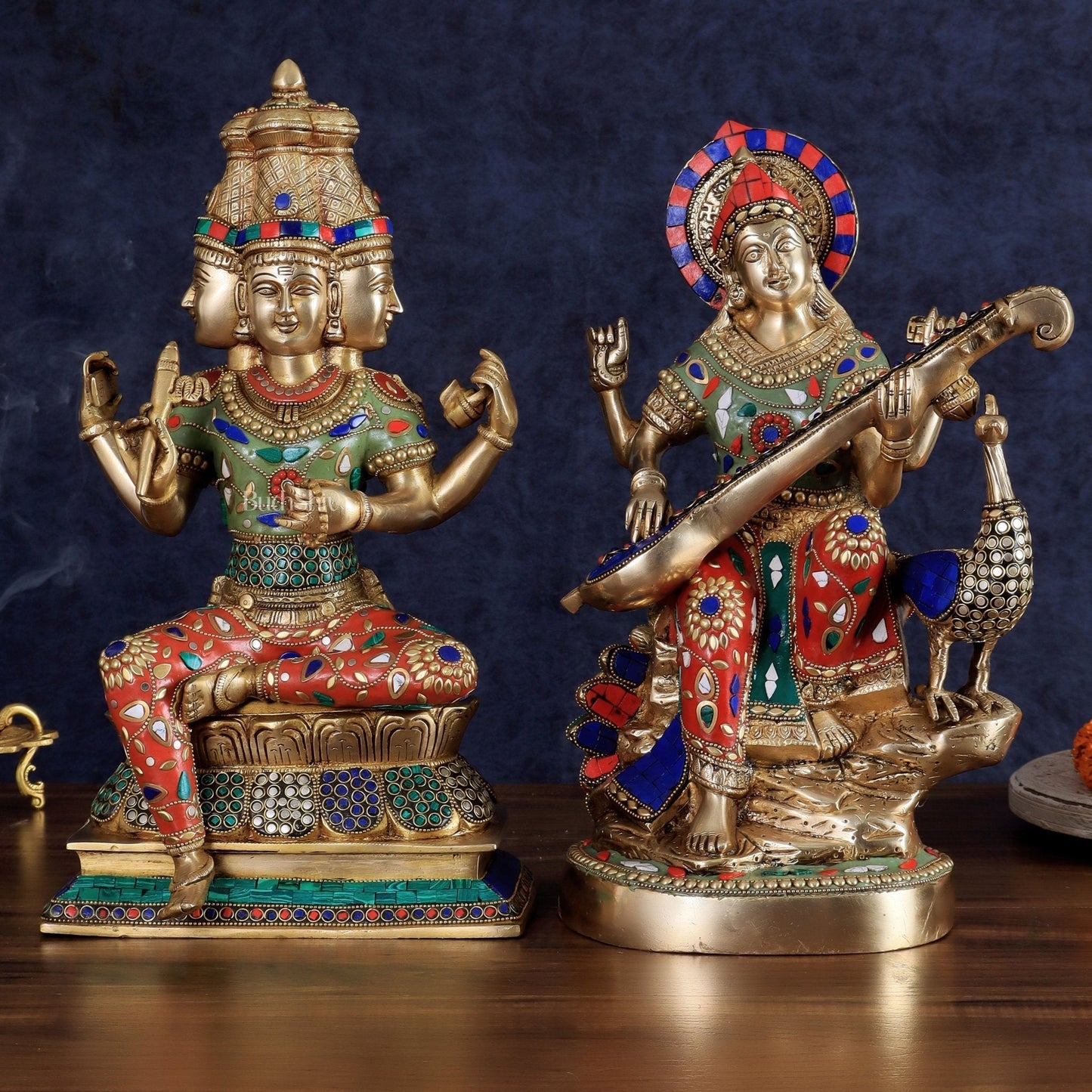 Superfine Brass Goddess Saraswati & Lord Brahma Pair | Divine Seated Sculptures - Sama Homes Idol - Brass Sculpture