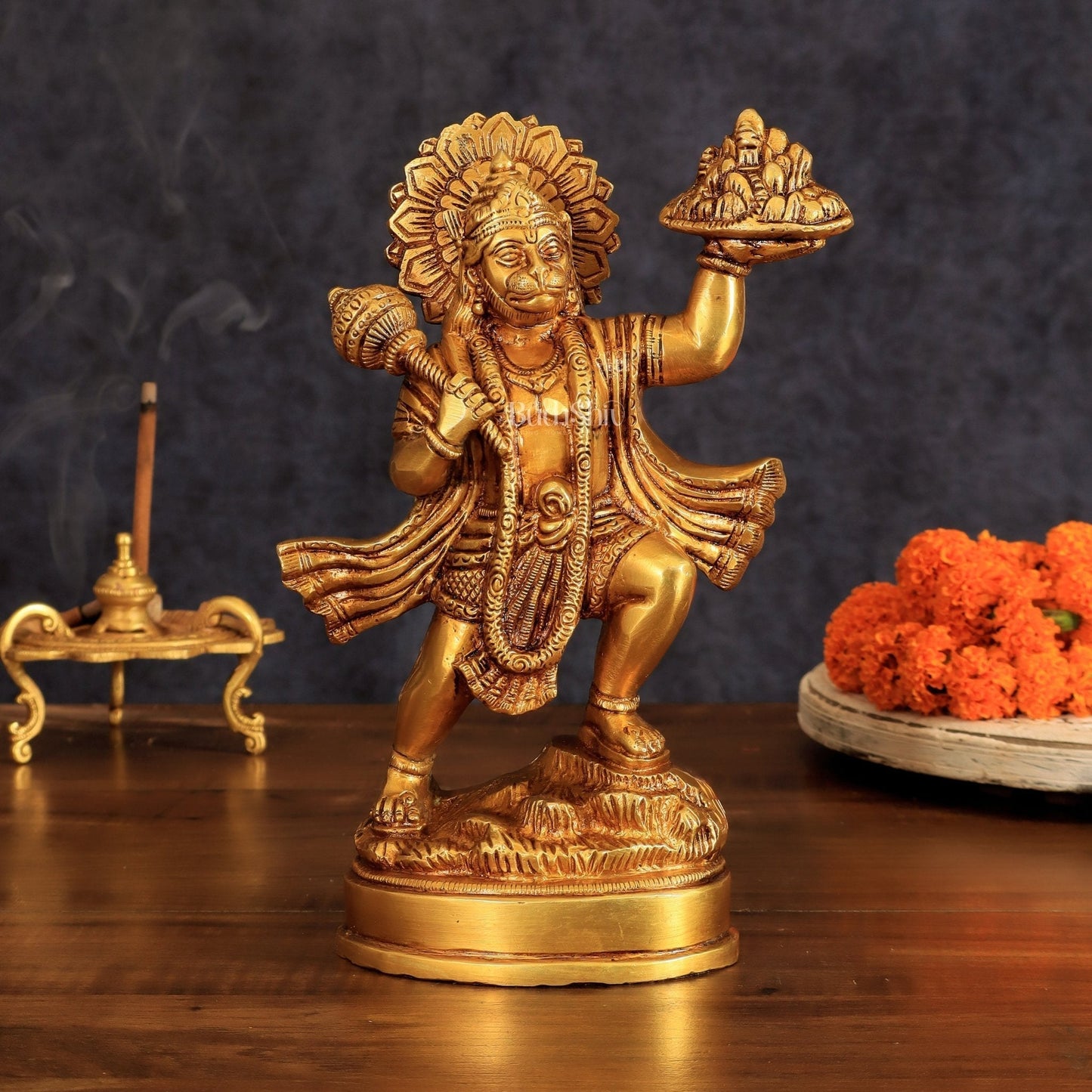 Superfine Brass Idol of Lord Hanuman with Sanjeevani Mountain 10 inch - Sama Homes Idol - Brass Sculpture