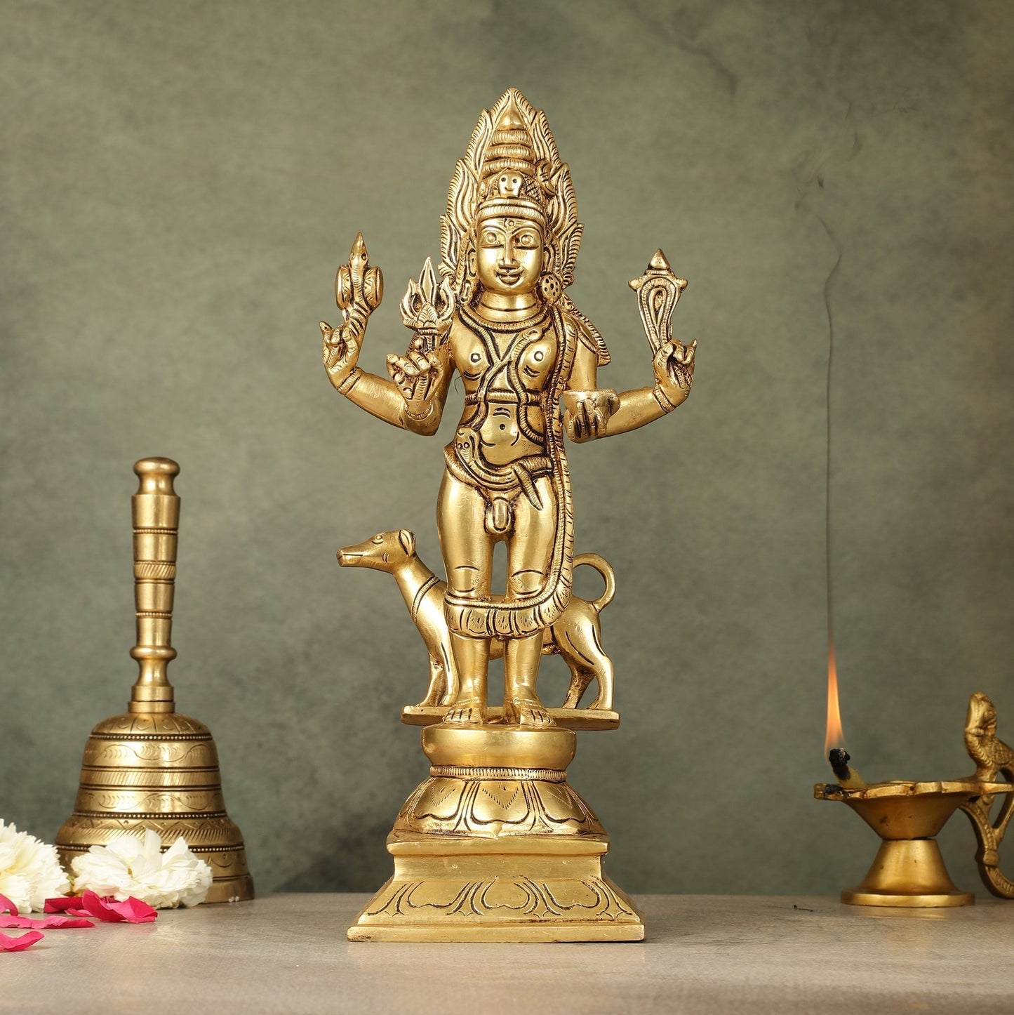 Superfine Brass Kaal Bhairava Bhairo Baba Idol with Dog 12 inch - Sama Homes Idol - Brass Sculpture