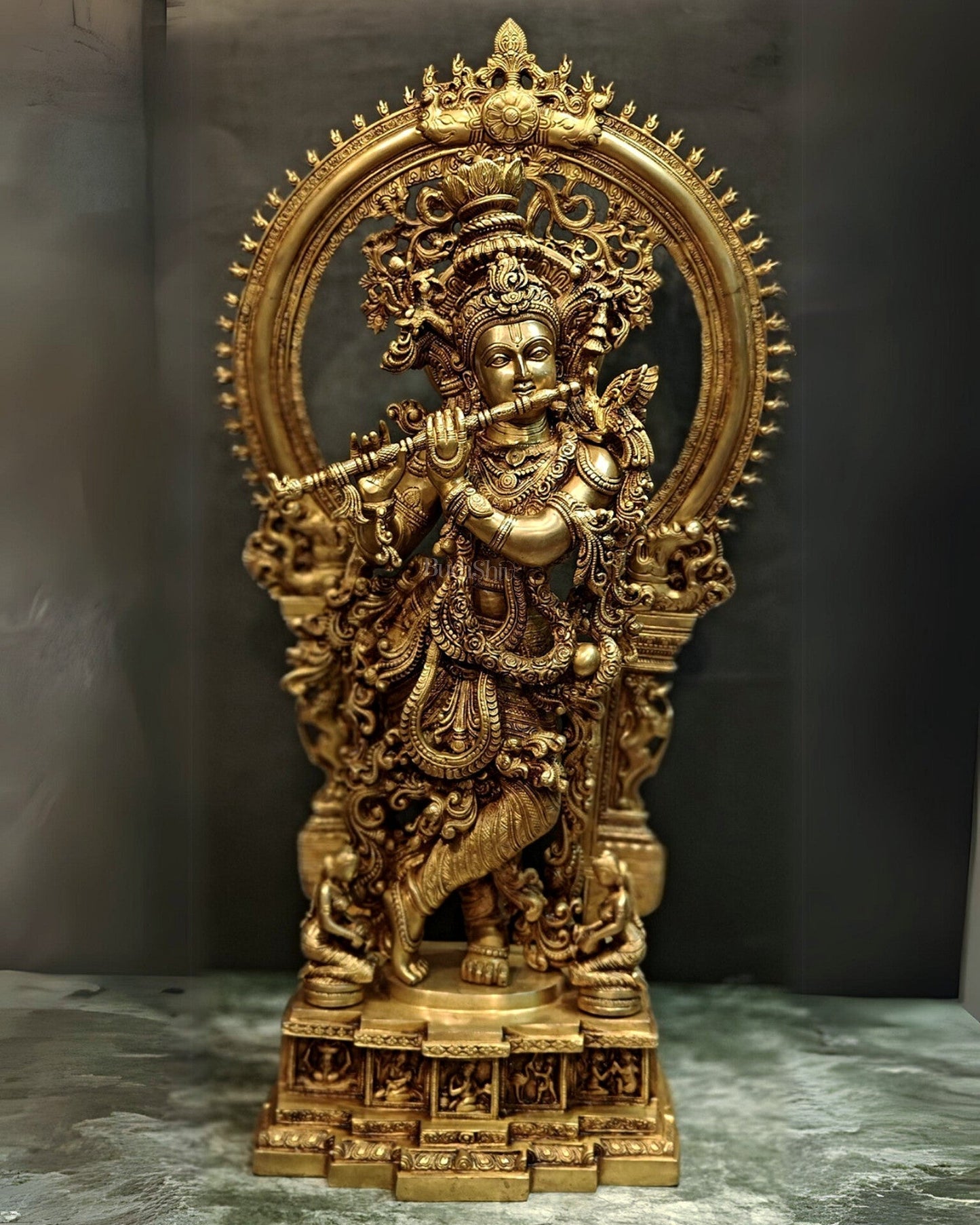 Superfine Brass Krishna Statue with Arch 32" - Sama Homes Idol - Brass Sculpture