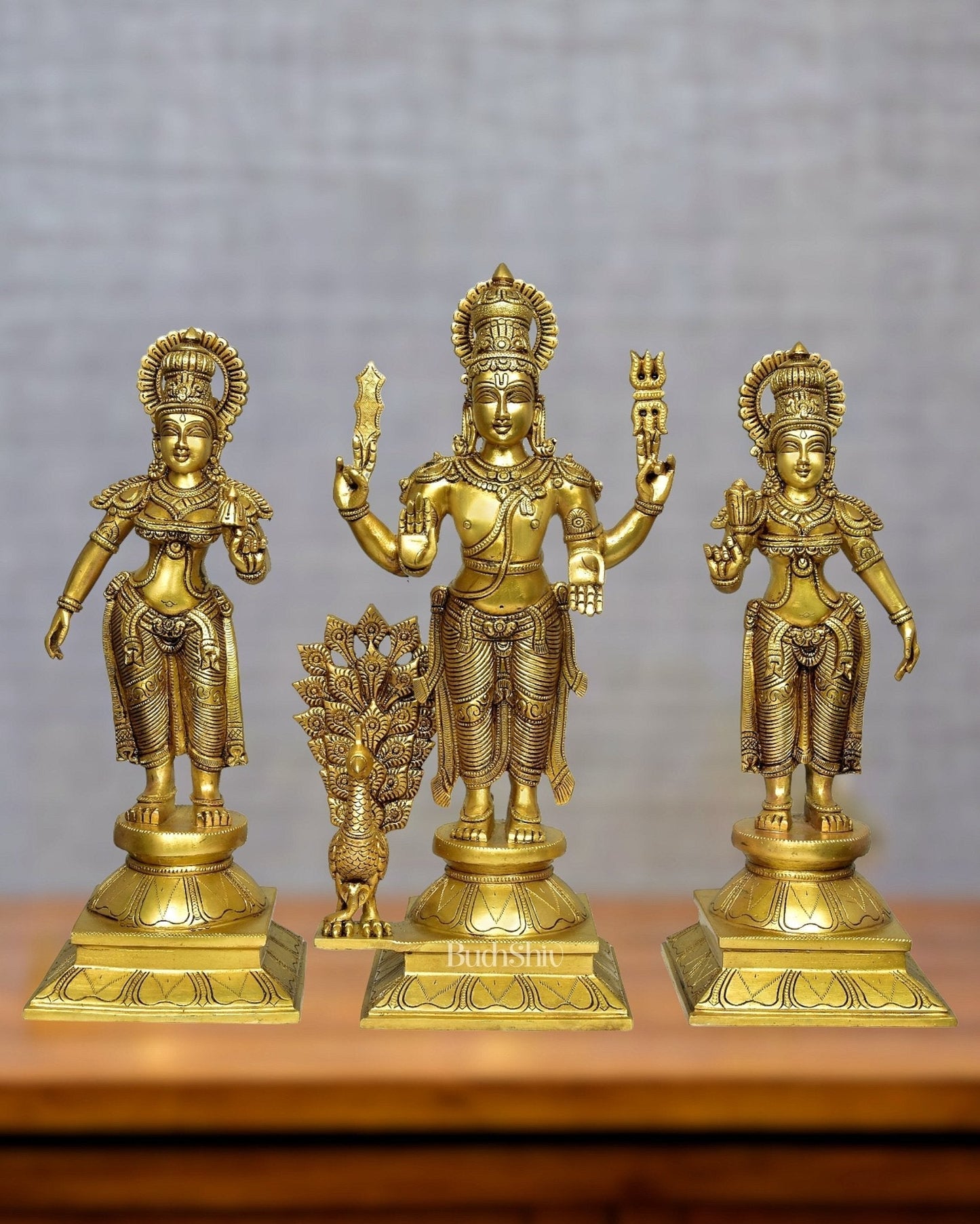 Superfine Brass Lord Kartikeya Murugan Swamy with Devasena and Valli Idol Set - 18.5" - Sama Homes Idol - Brass Sculpture