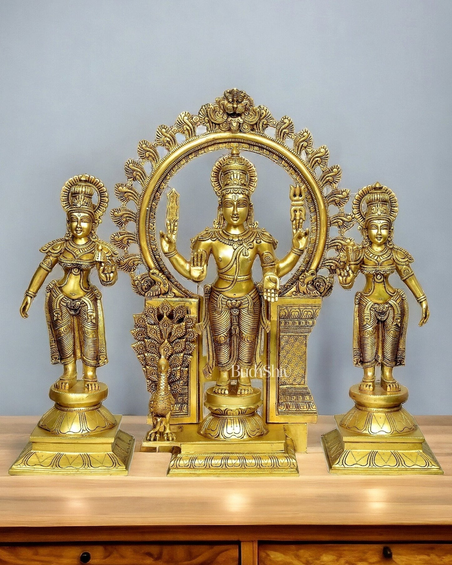 Superfine Brass Lord Kartikeya Murugan Swamy with Devasena and Valli Idol Set - 23" - Sama Homes Idol - Brass Sculpture