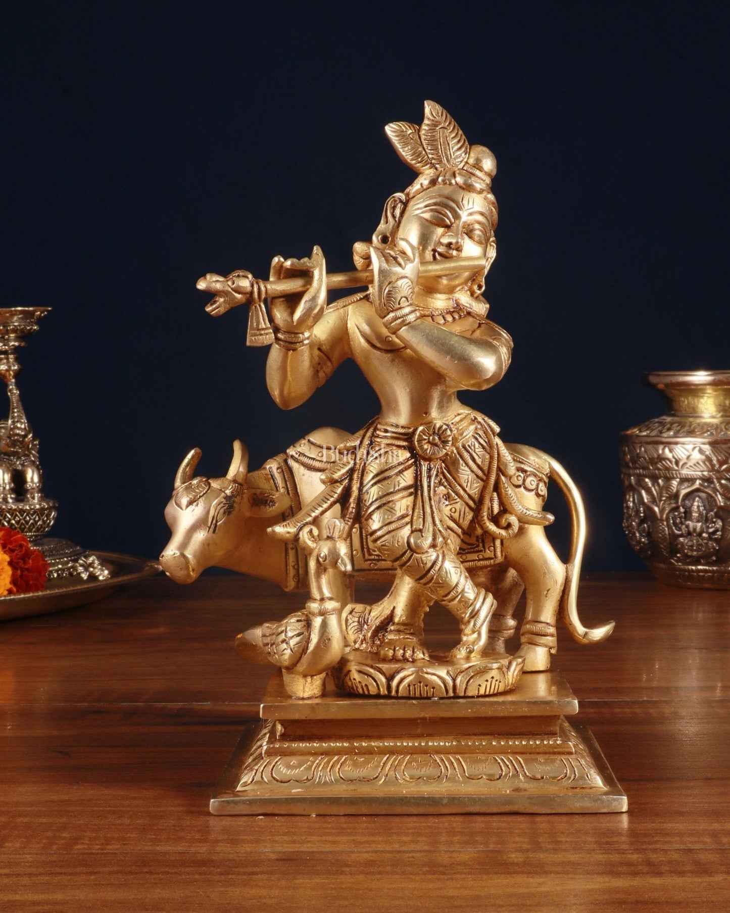 Superfine Brass Lord Krishna with Cow Statue – 8.5 Inch - Sama Homes Idol - Brass Sculpture