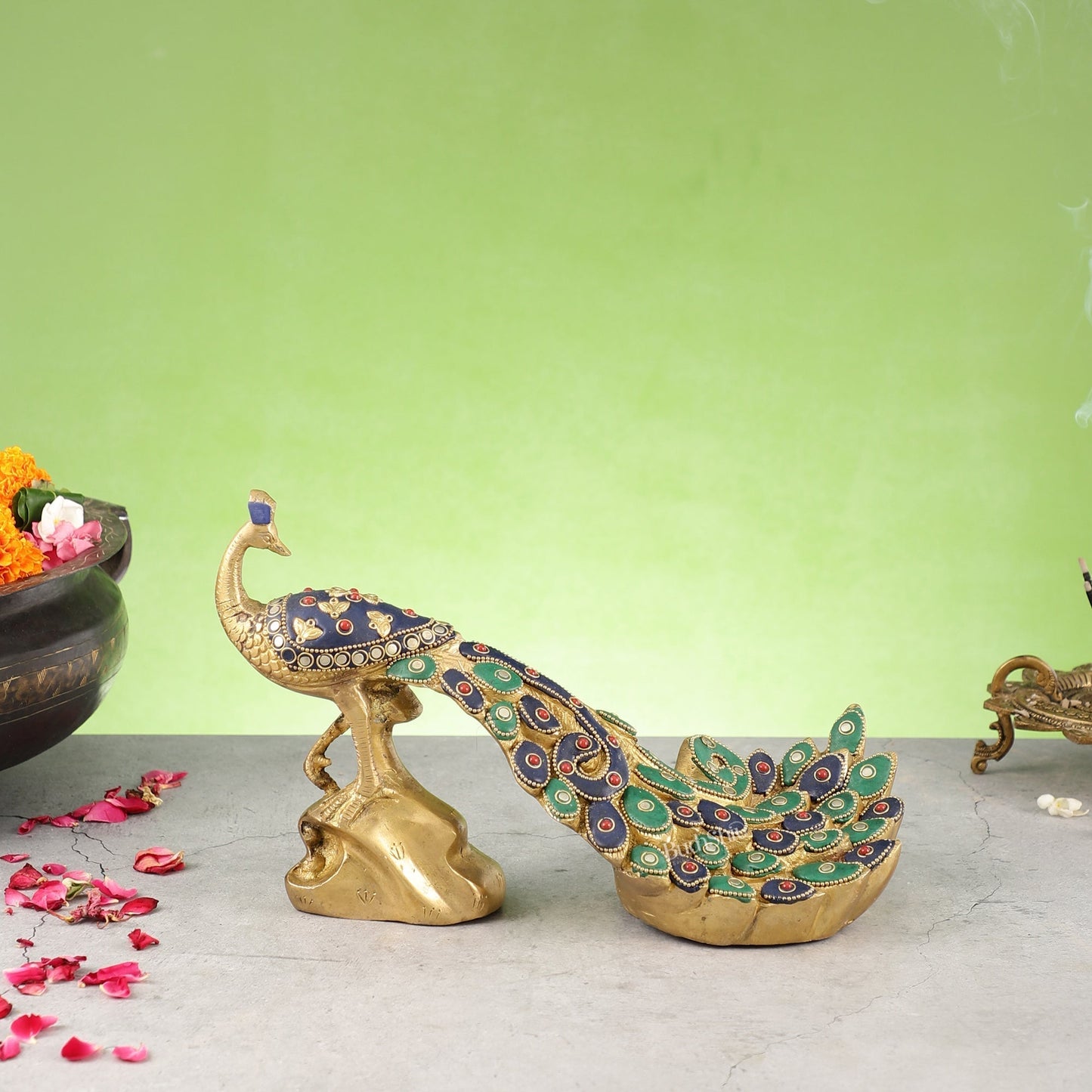 Superfine Brass Peacock Showpiece with Stonework 12 inch - Sama Homes Idol - Brass Sculpture
