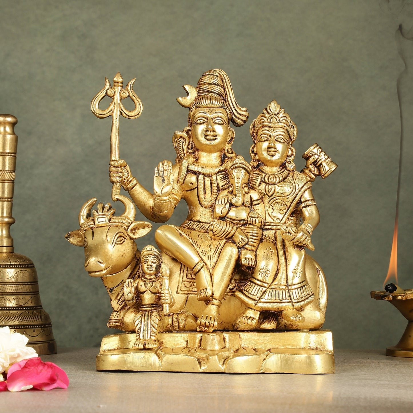 Superfine Brass Shiva Parivar Family Seated on Nandi - 8 inch - Sama Homes Idol - Brass Sculpture