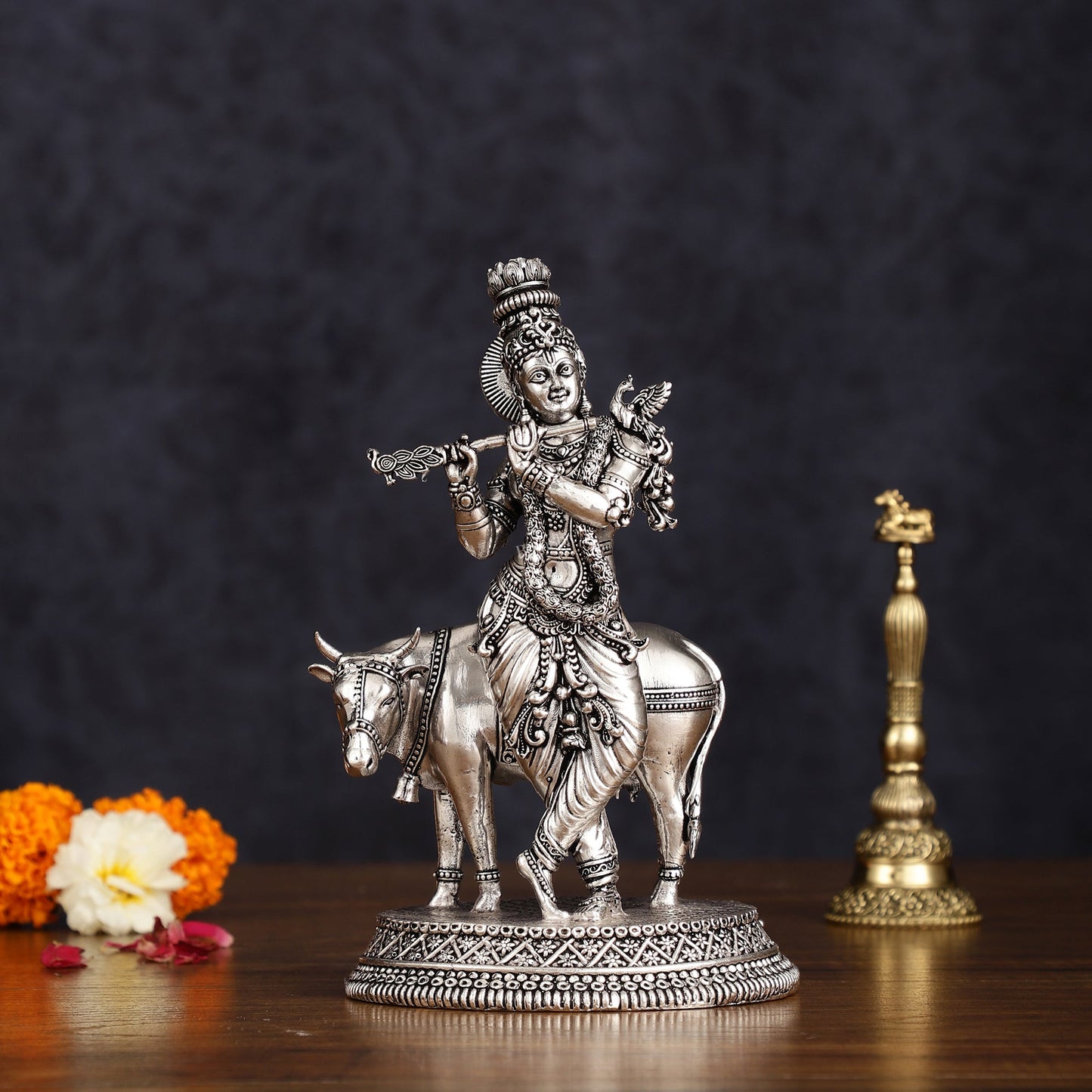 Superfine brass Silver plated Intricate Krishna with Cow Statue - 7" - Sama Homes Idol - Brass Sculpture