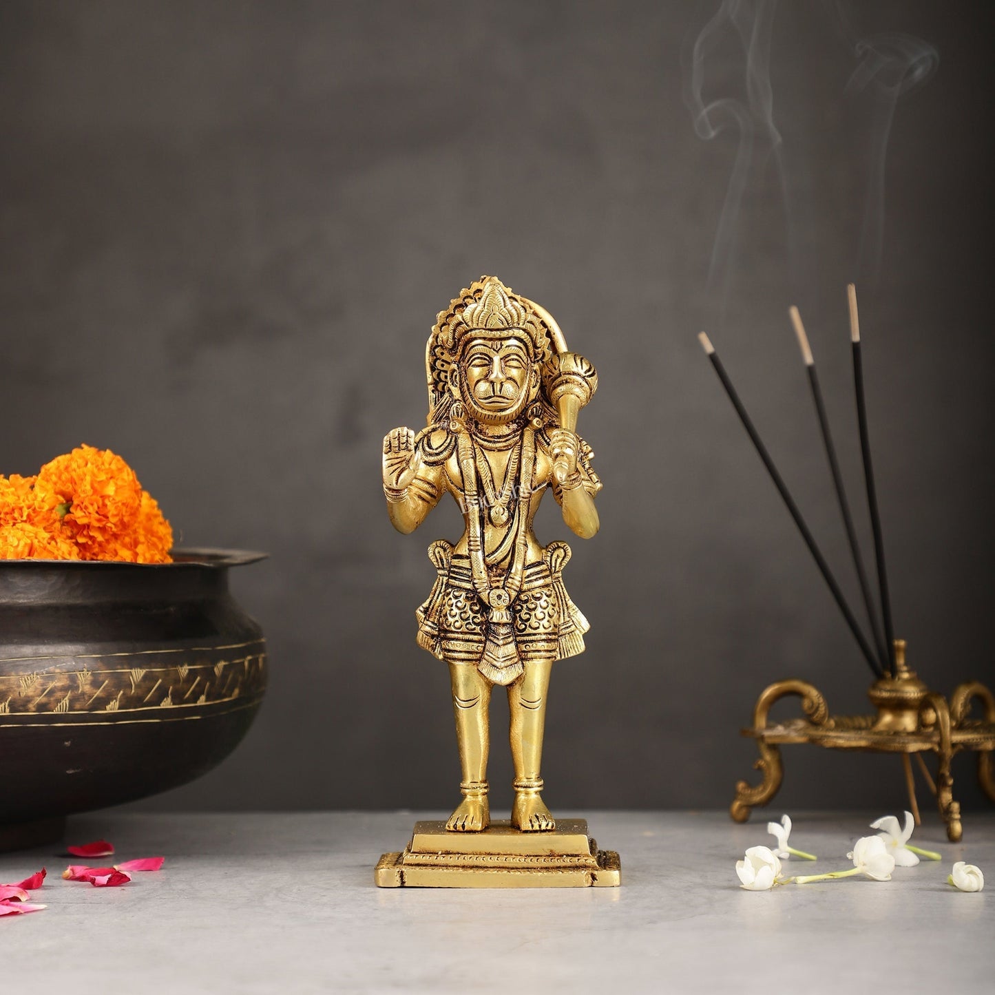 Superfine Brass Standing Hanuman Idol - 8.5 inch - Sama Homes Idol - Brass Sculpture