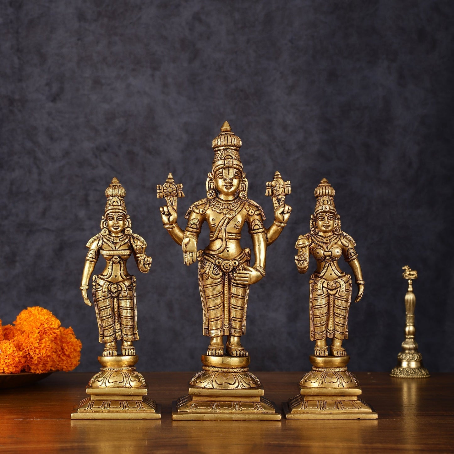 Superfine Brass Tirupati Balaji with Bhudevi and Sridevi Set - 9.5 inch - Sama Homes Idol - Brass Sculpture
