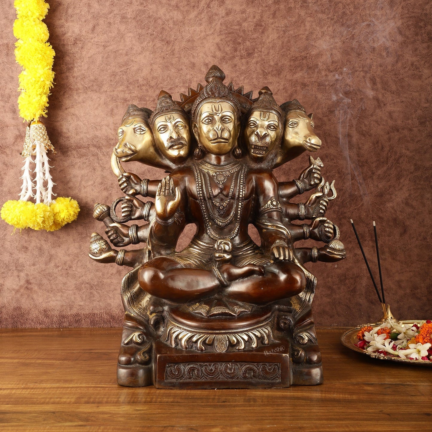 Superfine Handcrafted Brass Panchmukhi Hanuman Idol - Dual Tone Copper Gold - 17" - Sama Homes Idol - Brass Sculpture