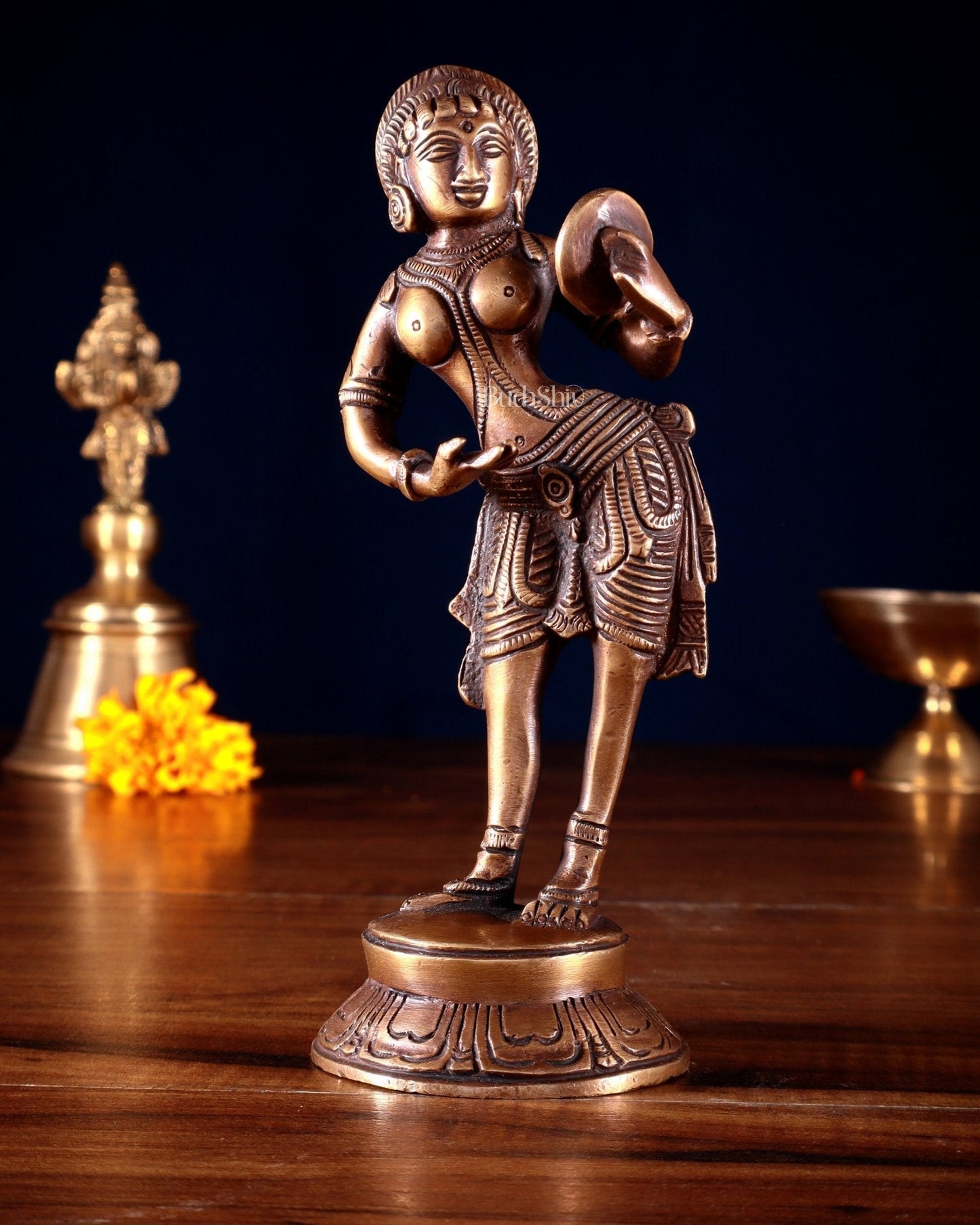 Traditional Brass Apsara with Mirror Showpiece – 6.4” dark antique - Sama Homes Idol - Brass Sculpture