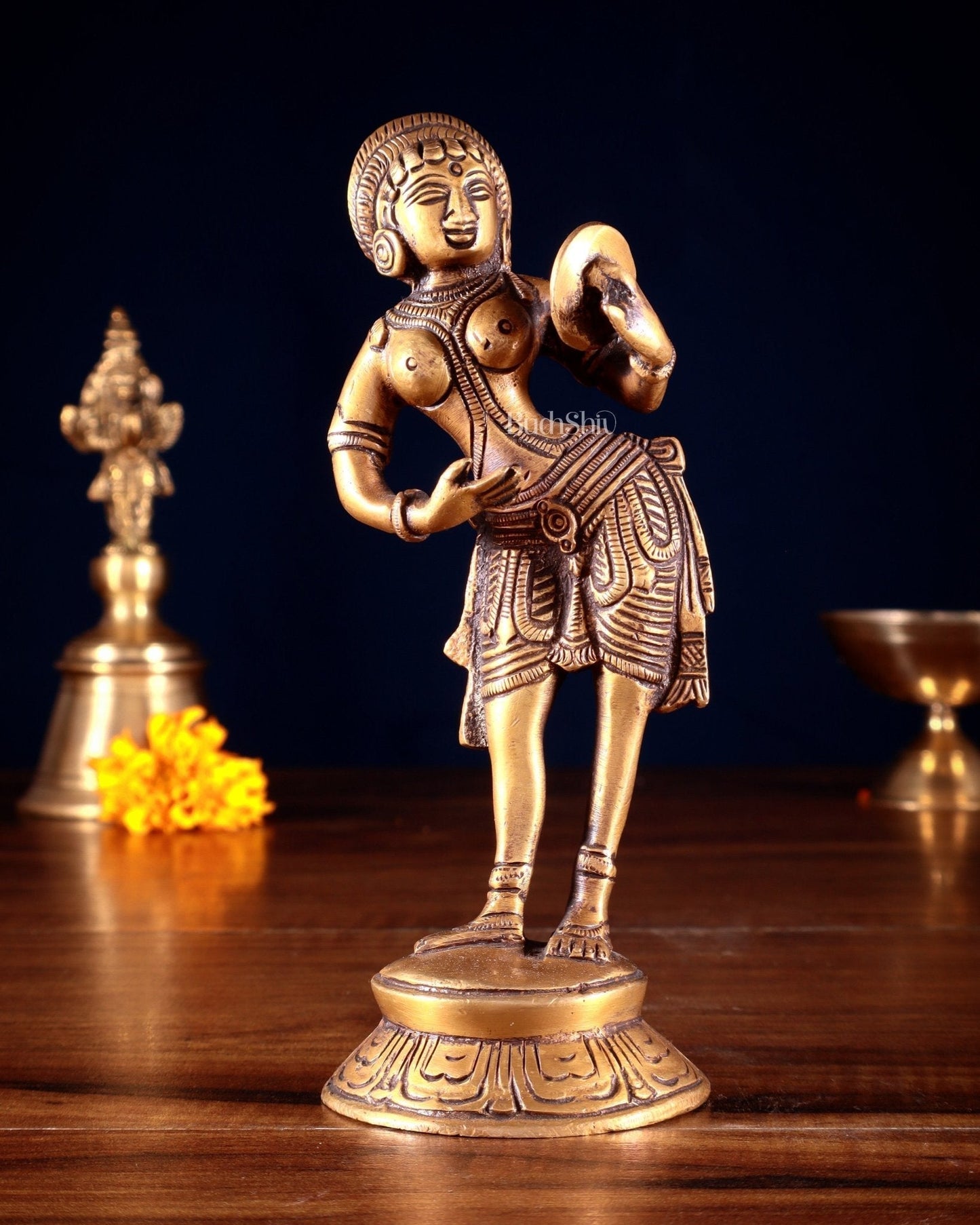 Traditional Brass Apsara with Mirror Showpiece – 6.4” light antique - Sama Homes Idol - Brass Sculpture