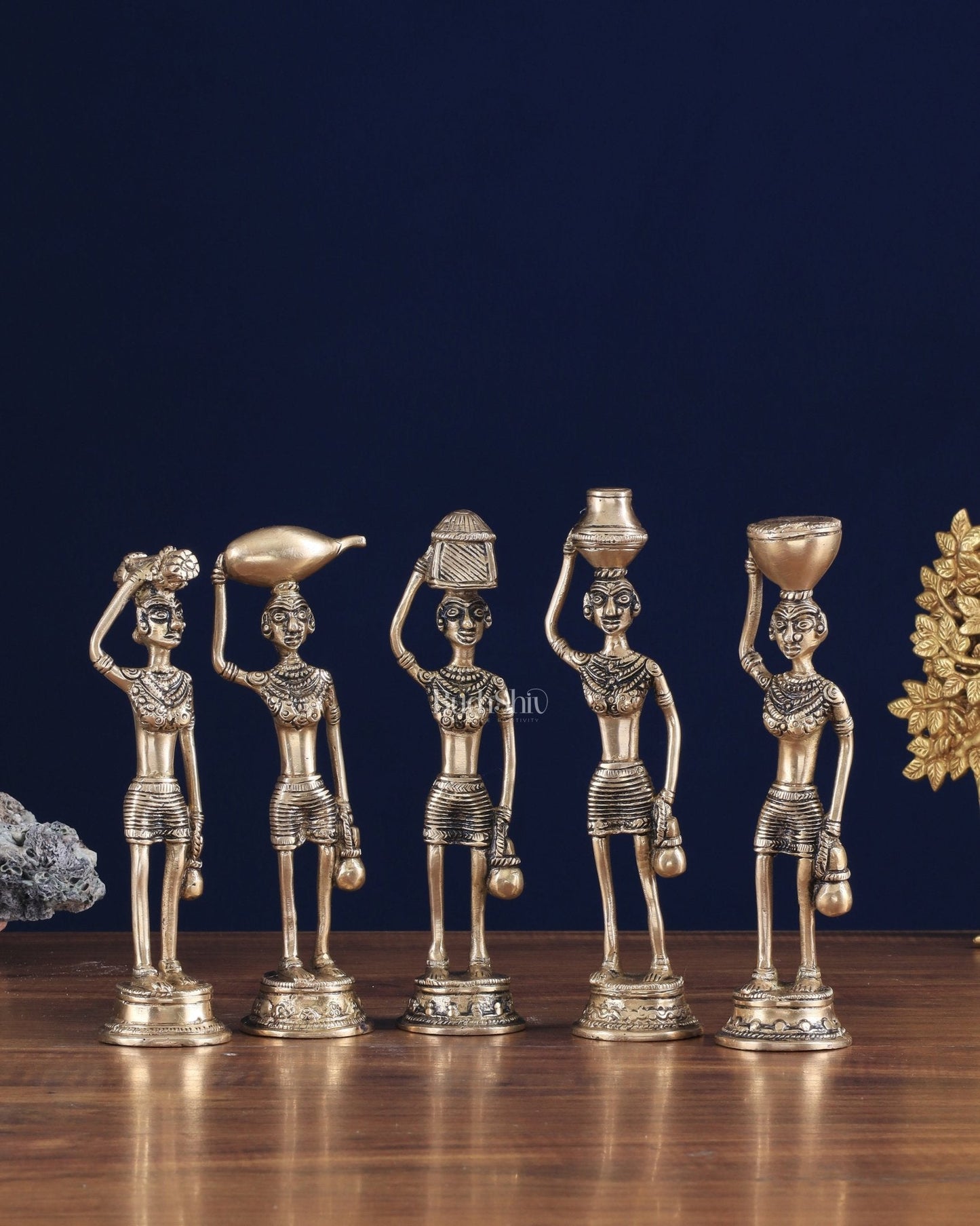 Tribal Brass Set of 5 Village Women Idols Depicting Daily Chores 7.5" - Sama Homes Idol - Brass Sculpture