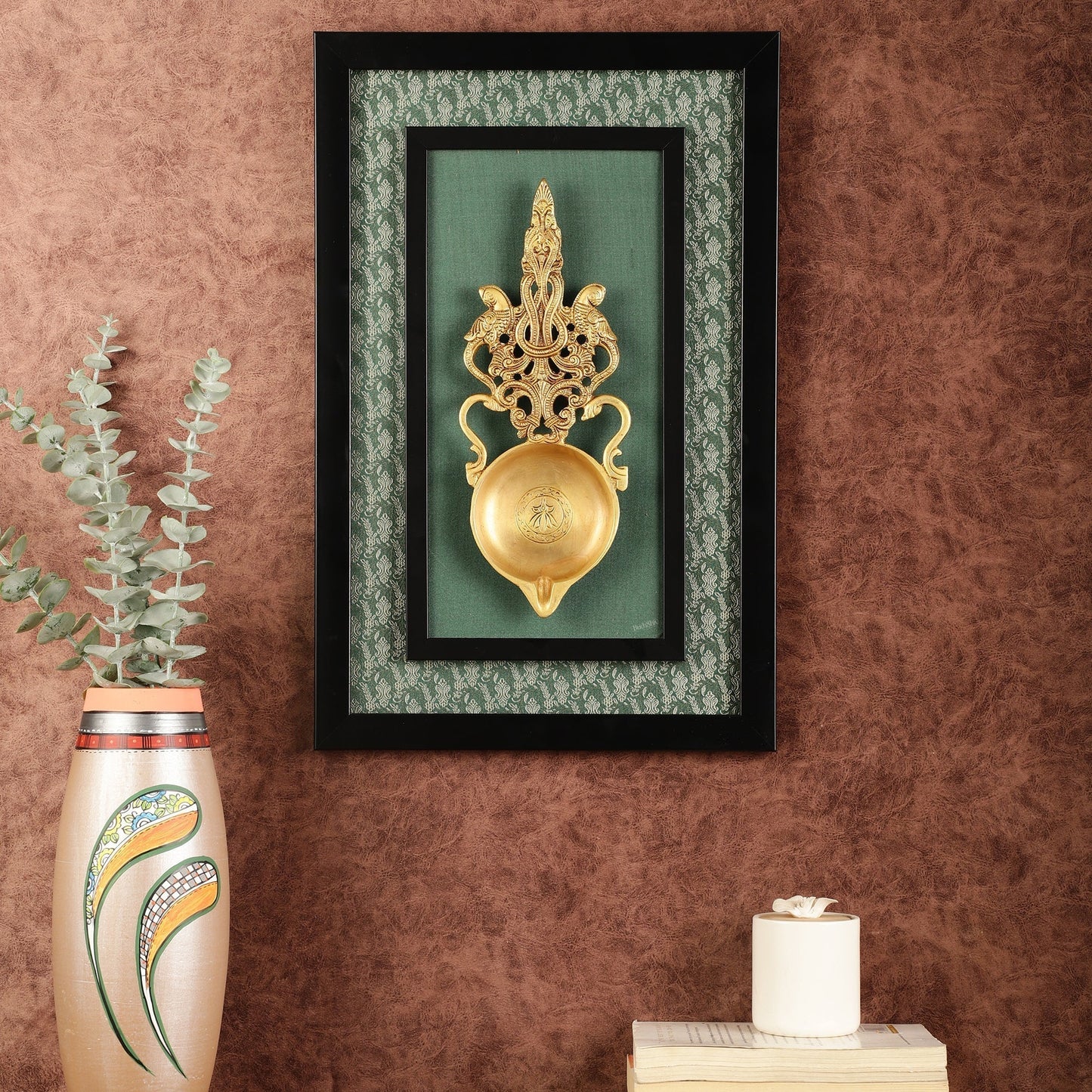 Unique Brass Diya on Wooden Frame with Premium Fabric | 18.5 Inch Wall Hanging - Sama Homes Idol - Brass Sculpture
