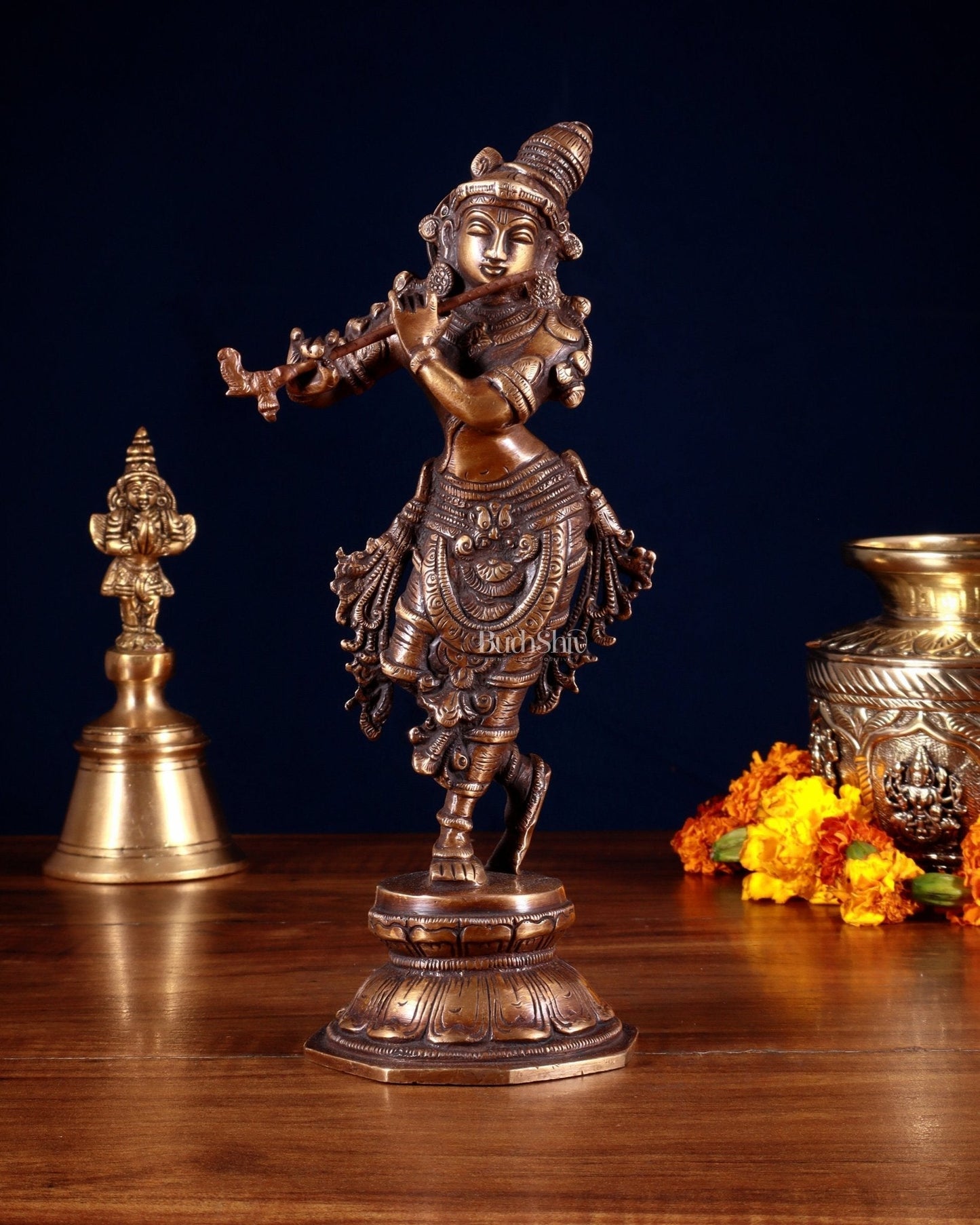 Unique Brass Krishna Statue – 9.5” Antique Burnt Brass Finish - Sama Homes Idol - Brass Sculpture