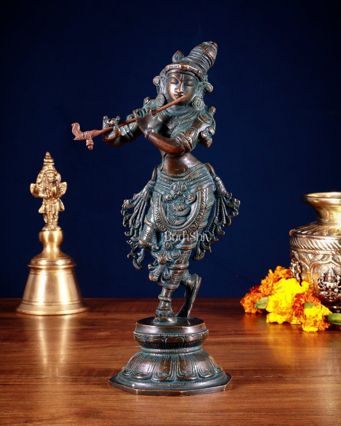 Unique Brass Krishna Statue – 9.5” Vintage bronze tone - Sama Homes Idol - Brass Sculpture