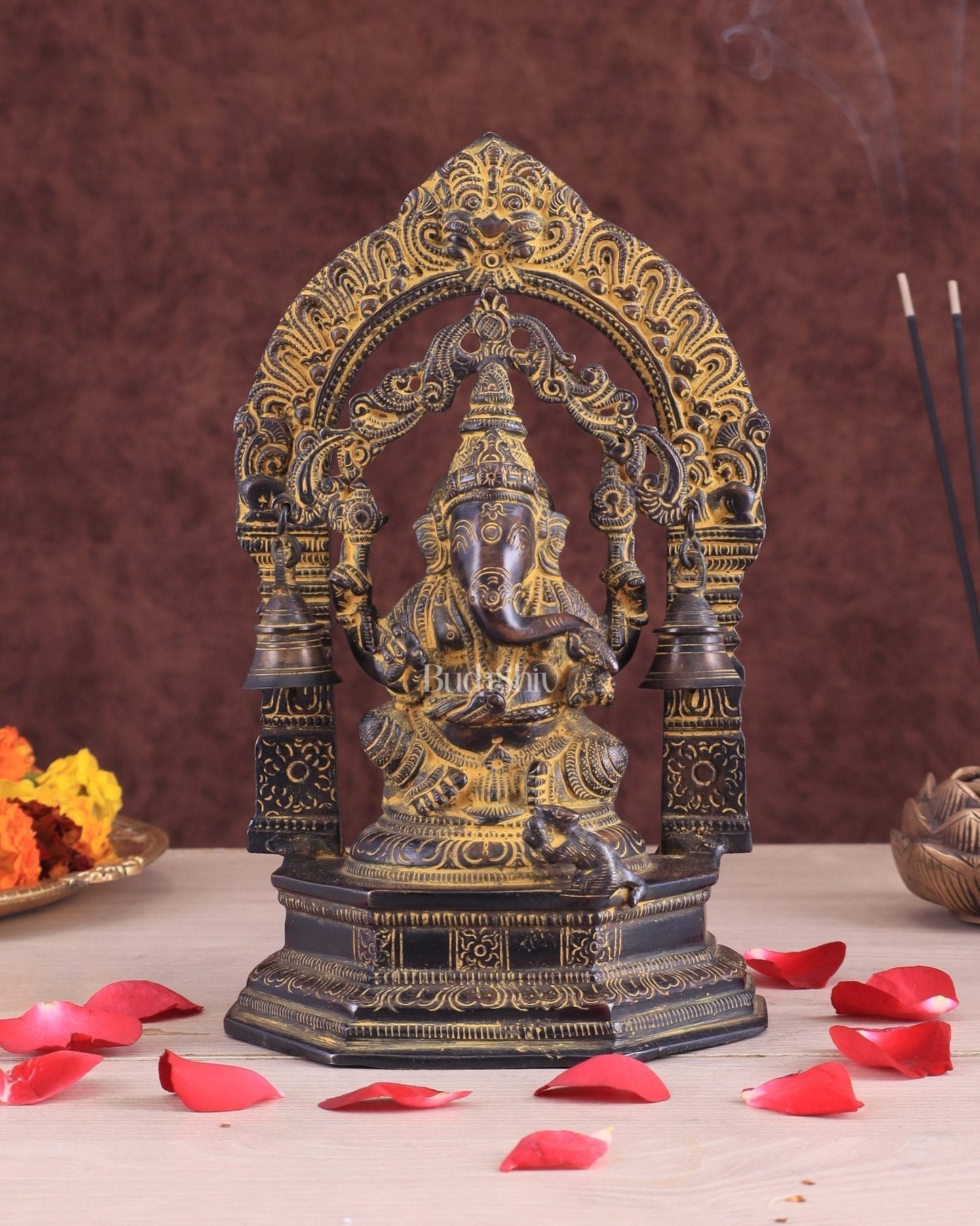 Unique Brass Lord Ganesha Idol with Bells – Henna Vintage Patina 9" - Sama Homes Idol - Brass Sculpture