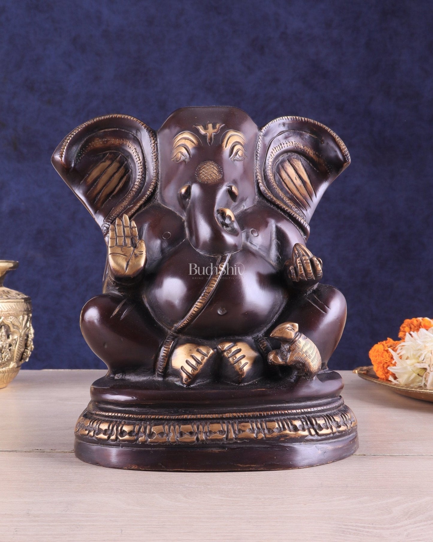 Unique Brass Lord Ganesha Statue on Round Base | Vintage Finish 8" - Sama Homes Idol - Brass Sculpture