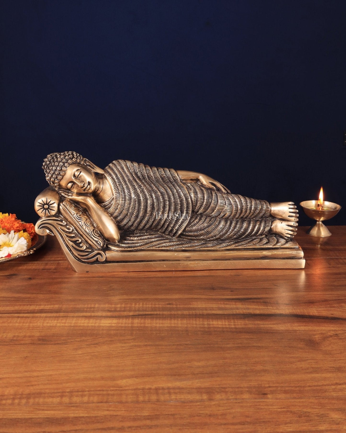 Unique Brass Sleeping Buddha Statue – 7" x 16.5" x 5" | Auspicious & Calming Decor - Sama Homes Idol - Brass Sculpture