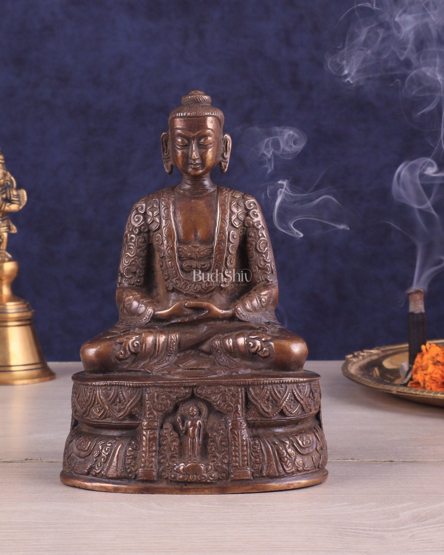 Unique Buddha in Deep Meditation Brass Statue | Intricate Craftsmanship 7" - Sama Homes Idol - Brass Sculpture