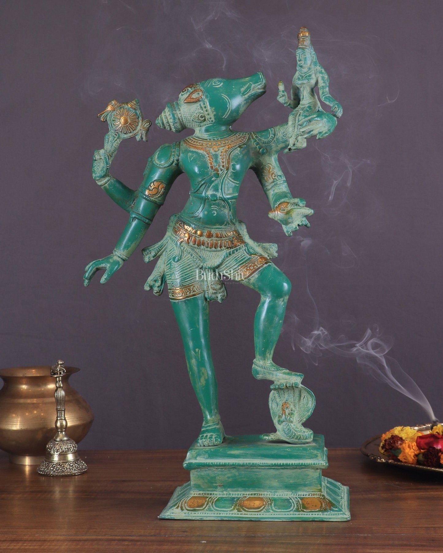 Varaha with Bhooma Devi Varaha Lakshmi Brass Statue 17 inch Green vintage - Sama Homes Idol - Brass Sculpture