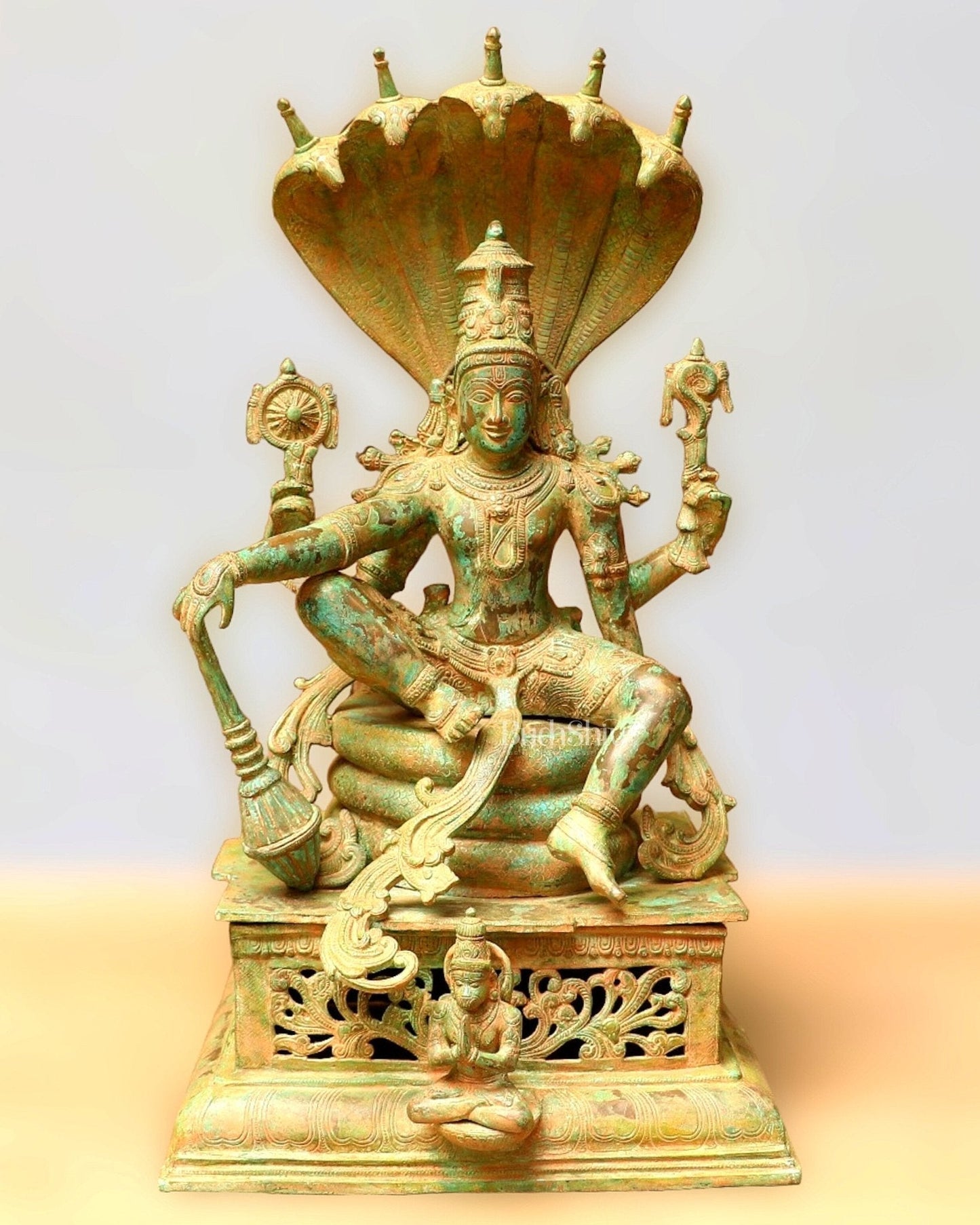 Vintage Antique Green Patina Brass Lord Vishnu Shri Hari Narayanan Statue | 29 Inch Height | 35 KG - Sama Homes Idol - Brass Sculpture