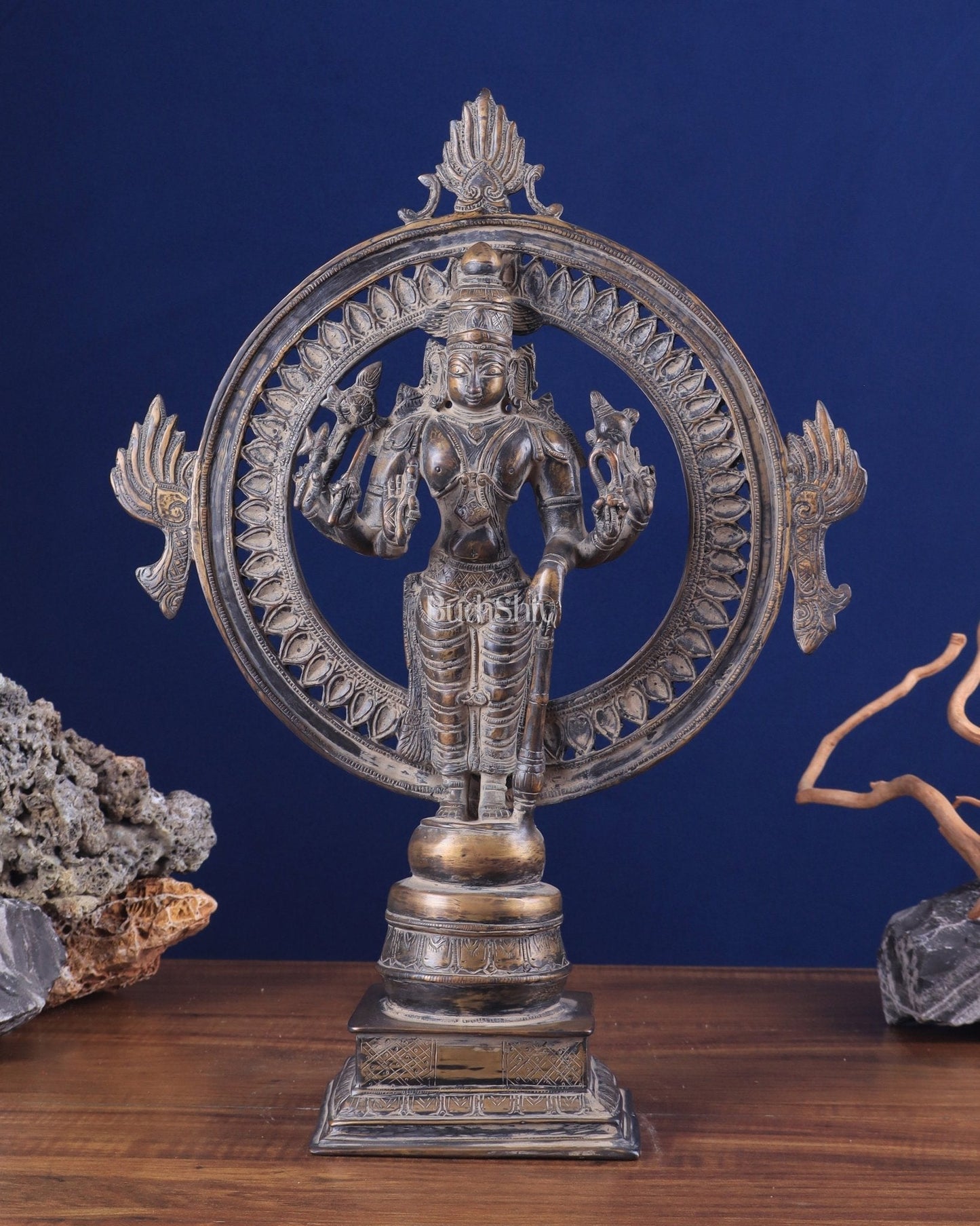Vintage Brass Lord Vishnu Statue with Sudarshan Chakra Aura - 16.5 Inch - Sama Homes Idol - Brass Sculpture