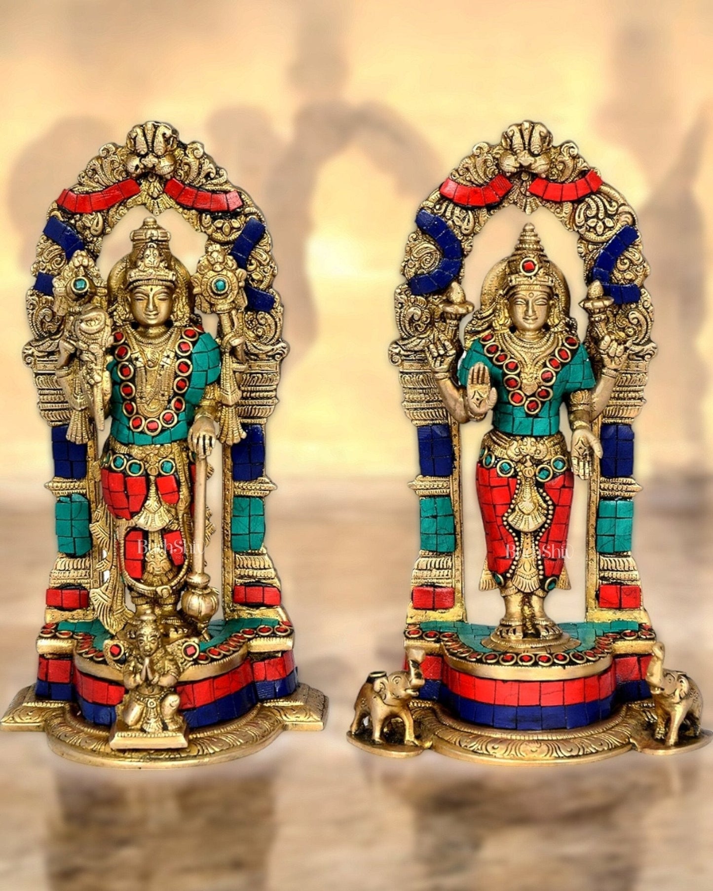 Vishnu Lakshmi Brass idols 9 inch stonework - Sama Homes Idol - Brass Sculpture
