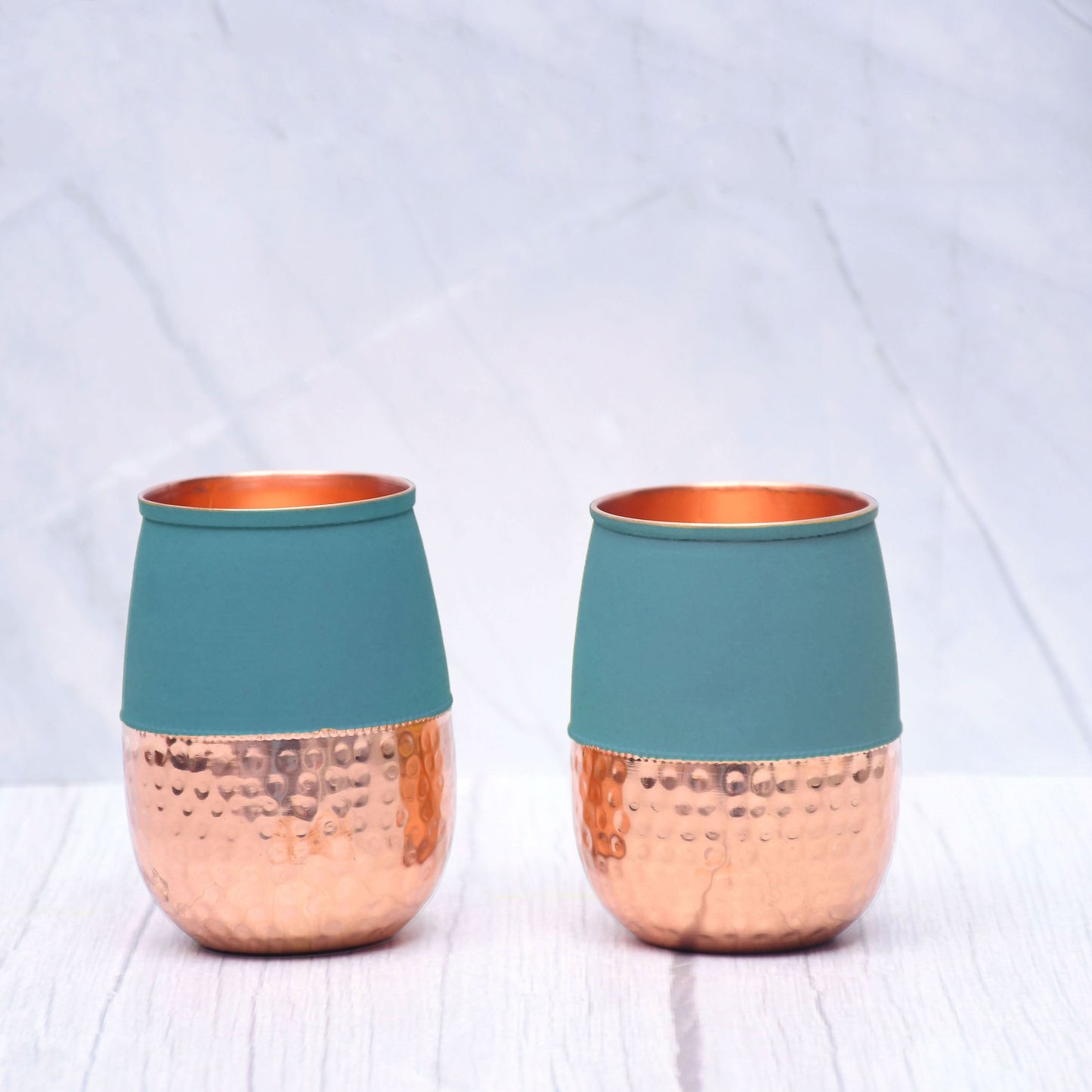 Pure Copper Water Glass Set of 2 Silk Green Half Hammered Dholak Tumbler Capacity 250ML - Sama Homes