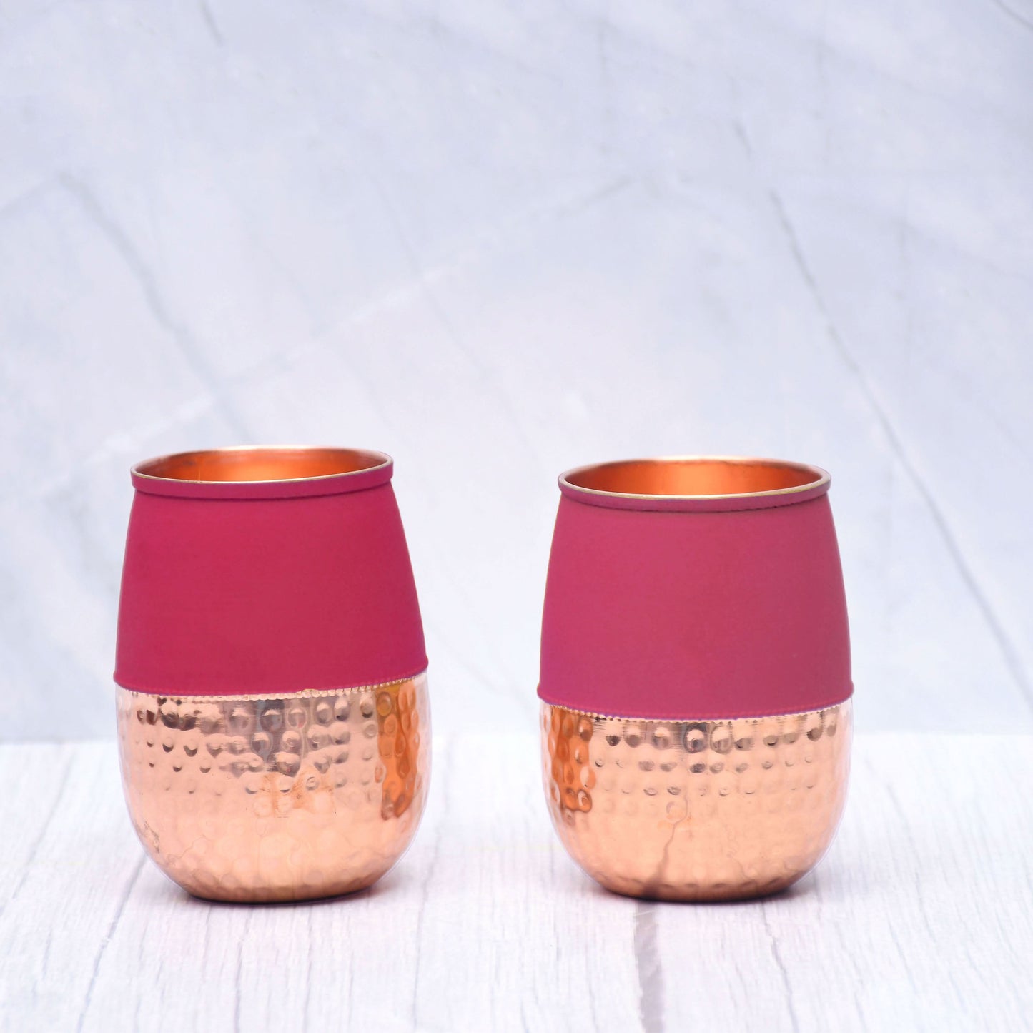 Pure Copper Water Glass Set of 2 Silk Red Cherry Half Hammered Dholak Tumbler Capacity 250ML - Sama Homes