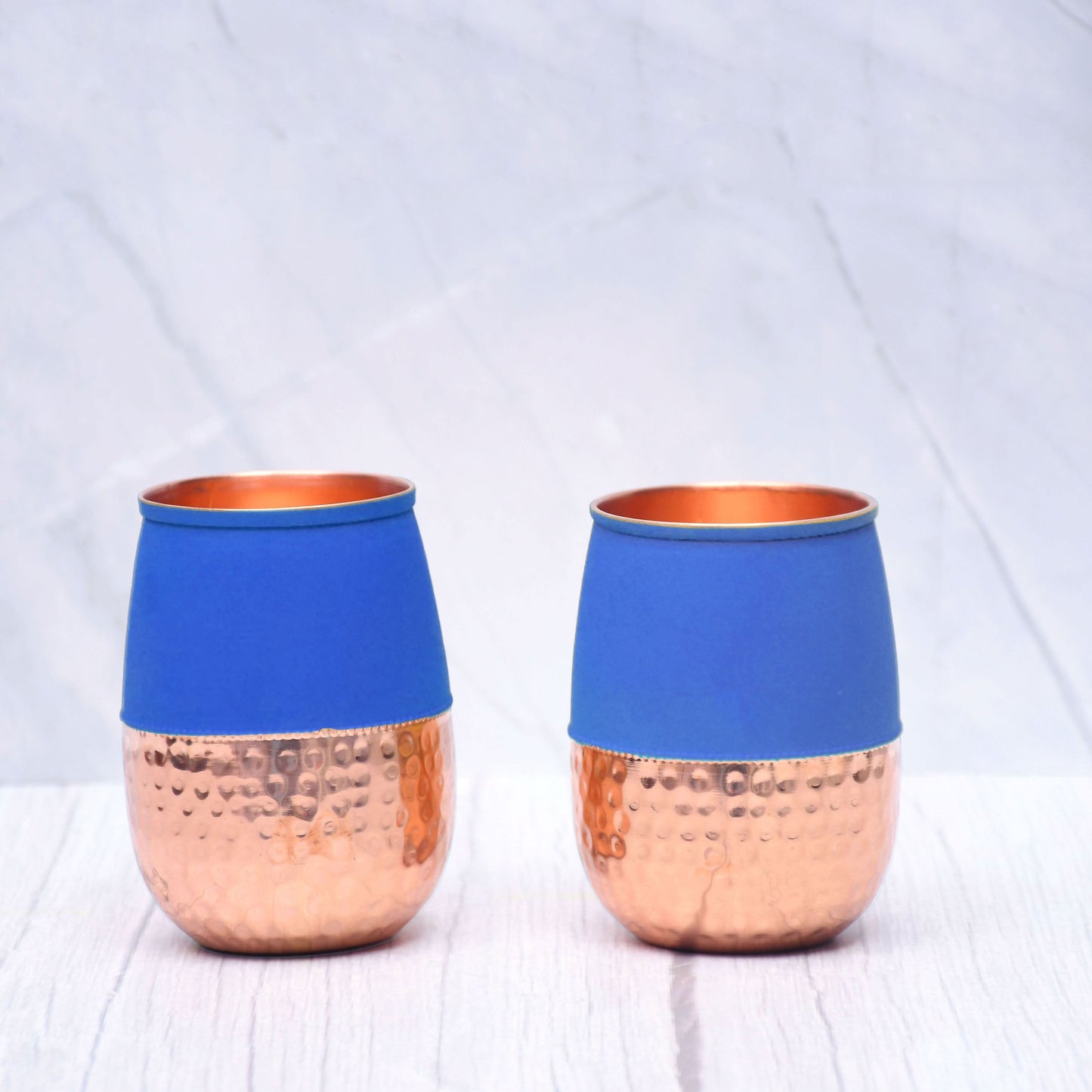 Pure Copper Water Glass Set of 2 Silk Blue Half Hammered Dholak Tumbler Capacity 250ML - Sama Homes
