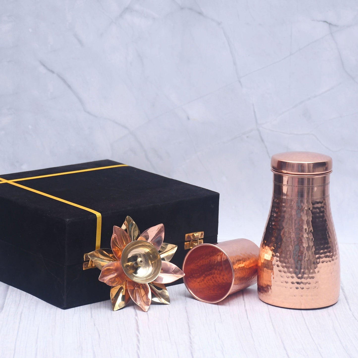 Exclusive Combo of Copper Bedroom Jar with Glass and Pooja Lotus Diya with Royal Gifting Box - Sama Homes