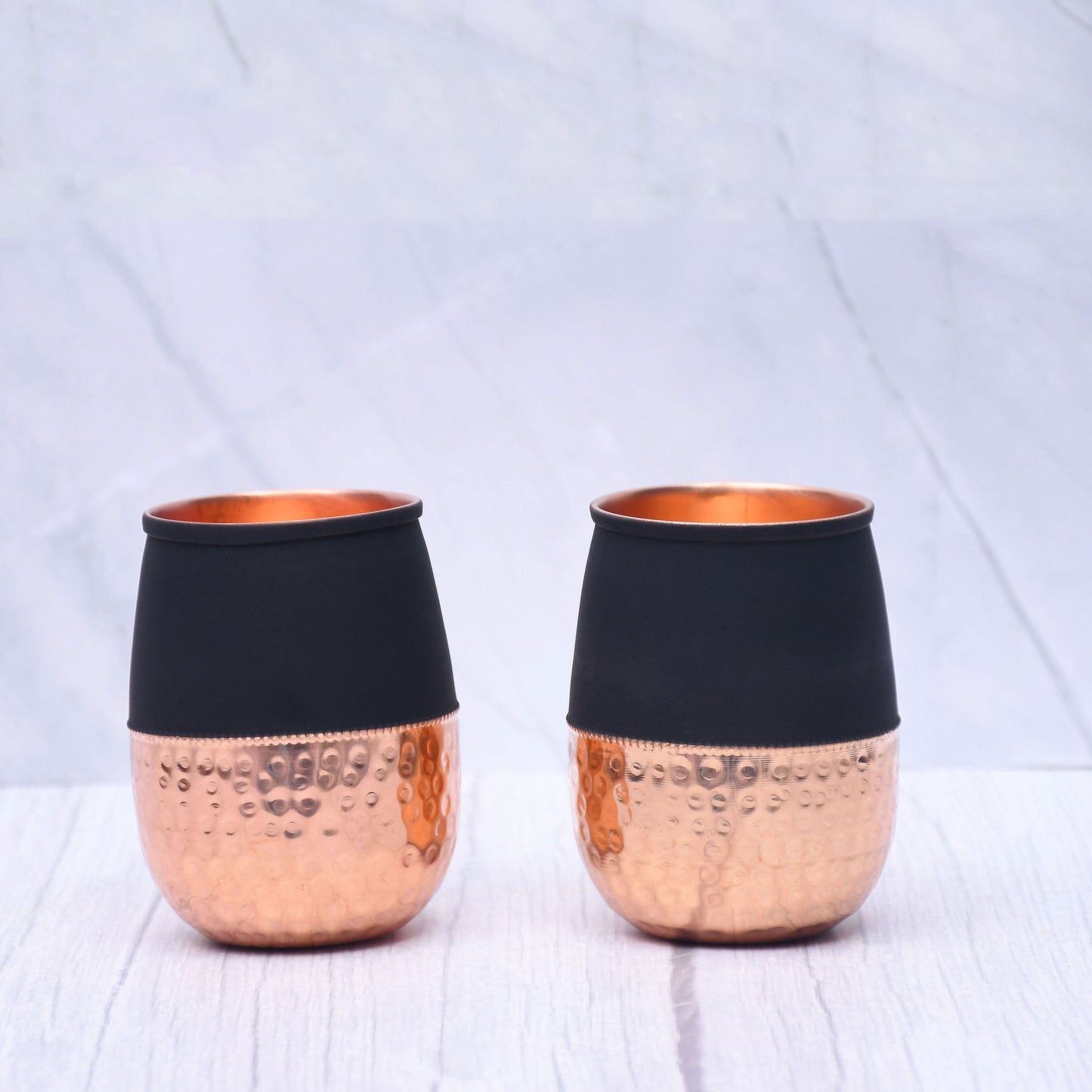 Pure Copper Water Glass Set of 2 Silk Black Half Hammered Dholak Tumbler Capacity 250ML - Sama Homes