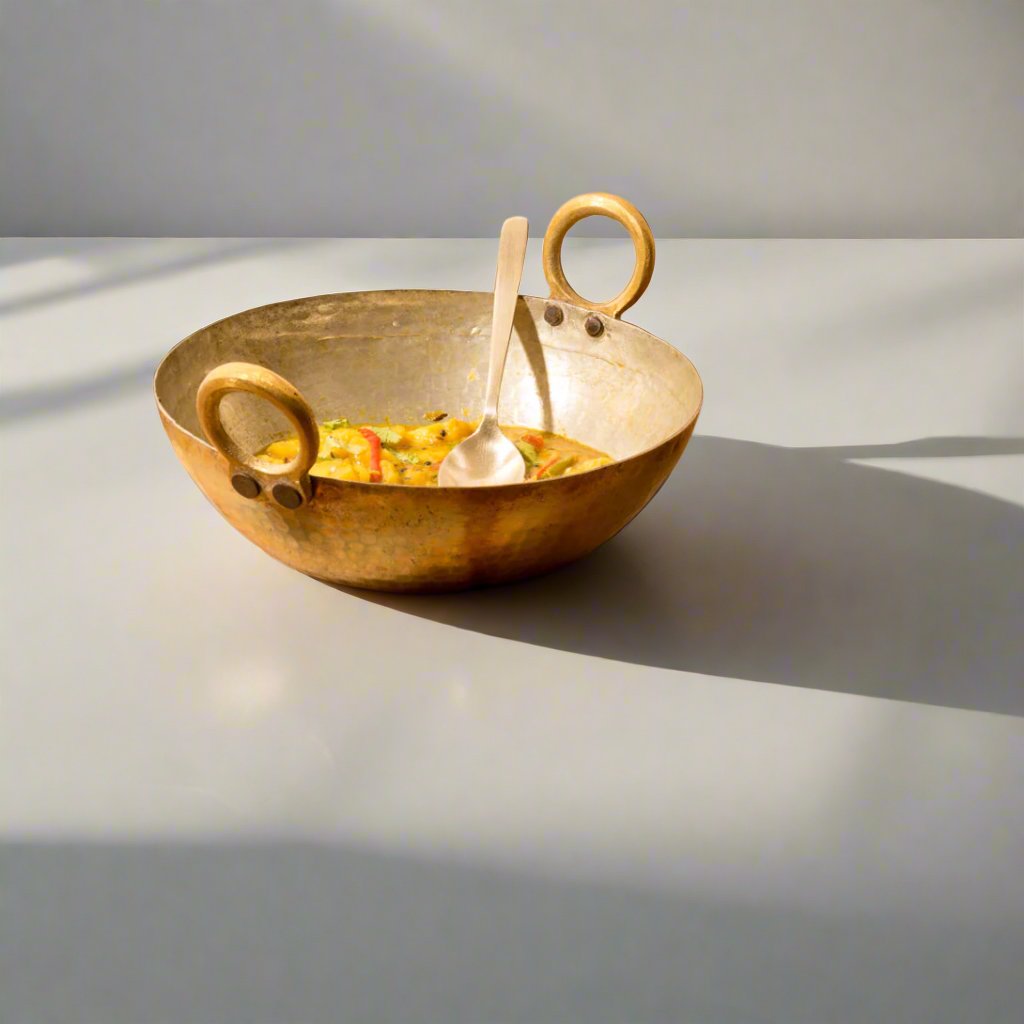 Handcrafted Brass Kadhai with Round Base - Traditional Indian Cookware for Authentic Cooking - Sama Homes